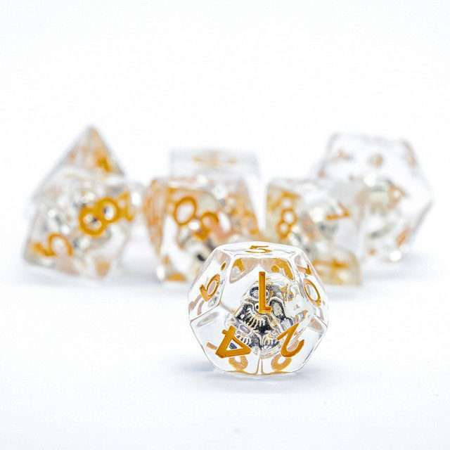 Sage's Familiars - Golden Skull Orange Ink Resin Polyhedral Dice Set image 3