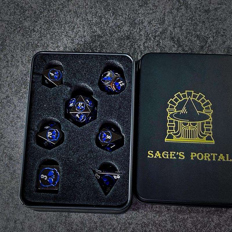 Sage's Grim's Fortunes - Gloss Black with Blue Metal Polyhedral Dice Set image 8