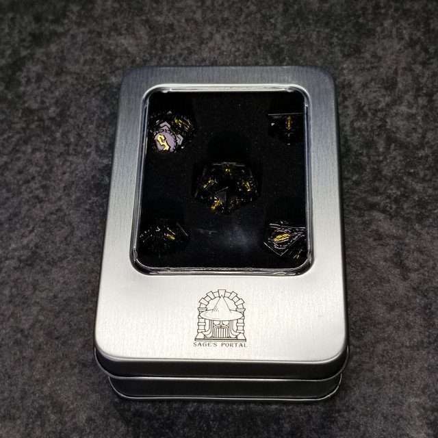 Sage's Knight's Valor - Black Inlay Gold Ink Metal Polyhedral Dice Set image 11
