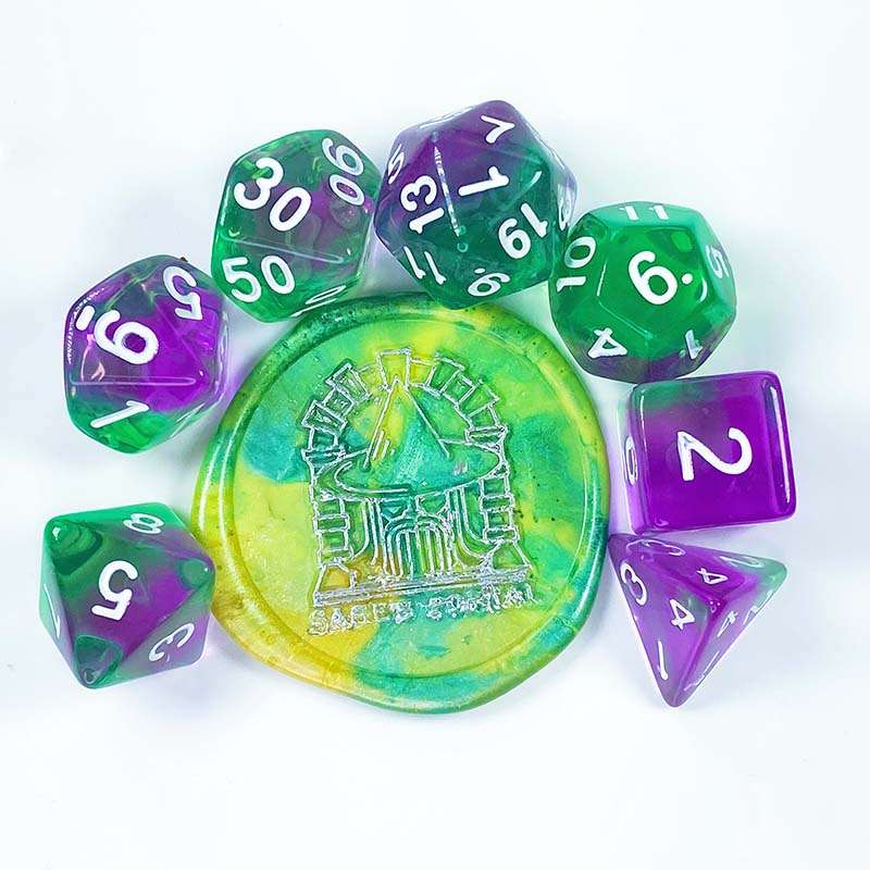 Sage's Capsules - Transparent Purple/Green Acrylic Polyhedral Dice Set image 1