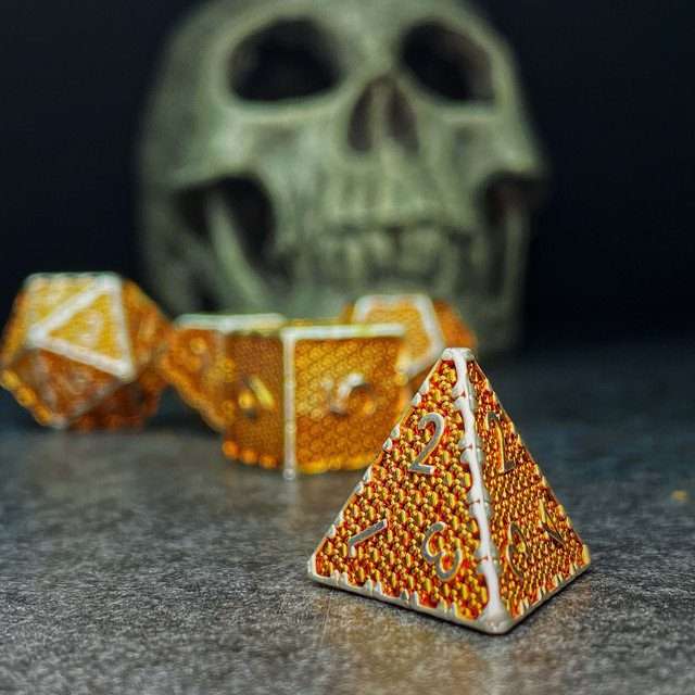 Sage's Hounds - Vintage Yellow with Silver Metal Polyhedral Dice Set image 1