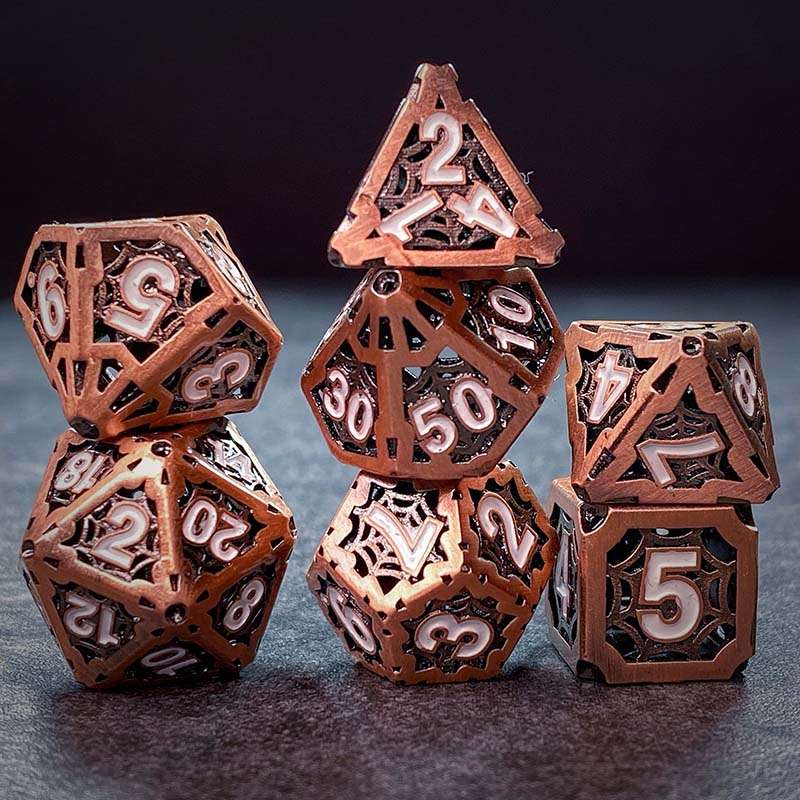 Sage's Gnomish Trinkets - Hollow Copper Spider Trinket White Ink Metal Polyhedral Dice Set image 1