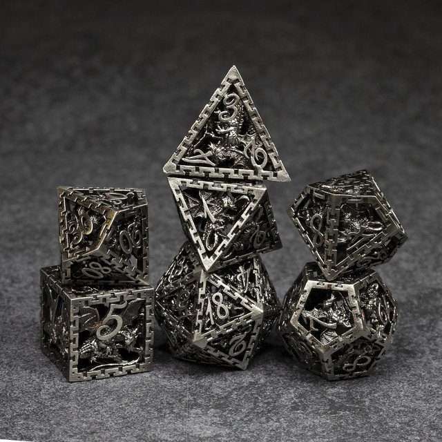Sage's Dragonstones - Chained Noble Dragon Nickel Silver Hollow Metal Polyhedral Dice Set image 8