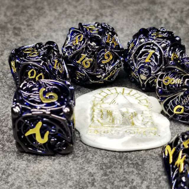 Sage's Macabre Bone Trinket Midnight Blue Inlay Black/Gold Ink Hollow Metal Polyhedral Dice Set image 7