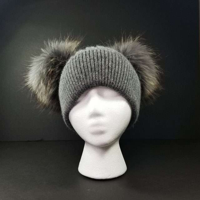 Sage’s Cap – Grey Wool Beanie with Double Raccoon Pompom image 16