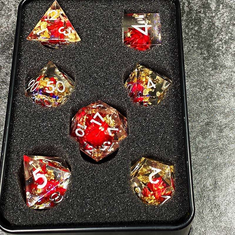 Sage’s Enchanted Flower Red/Silver Ink Sharp Edge Resin Polyhedral Dice Set image 21