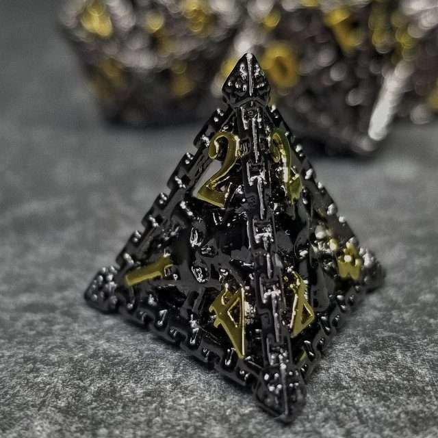 Chained Death Black/Gold Hollow Metal Polyhedral Dice Set image 7