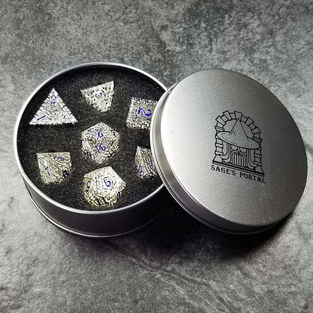Sage's Labyrinths - Silver Weave Blue Ink Hollow Metal Polyhedral Dice Set image 37