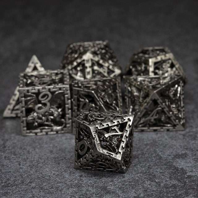 Sage's Dragonstones - Chained Noble Dragon Nickel Silver Hollow Metal Polyhedral Dice Set image 4