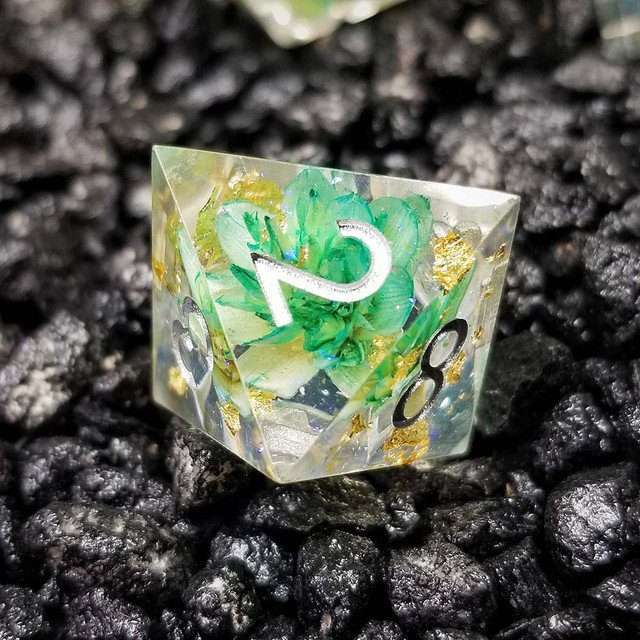 Sage’s Enchanted Flower Cyan Sharp Edge Resin Polyhedral Dice Set image 6
