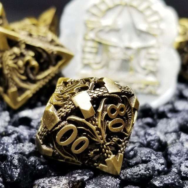 Sage’s Dragonstones Regal Dragon Bronze Hollow Metal Polyhedral Dice Set image 3