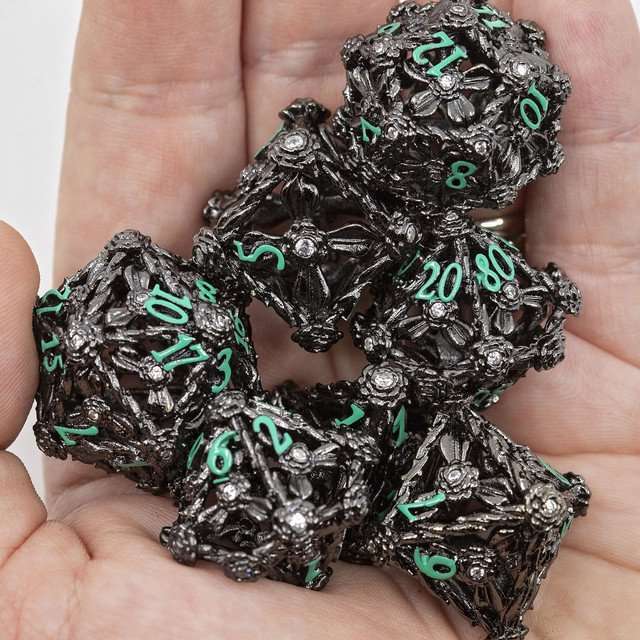 Sage's Tarnished Rose Hollow Metal Polyhedral Dice Set image 9