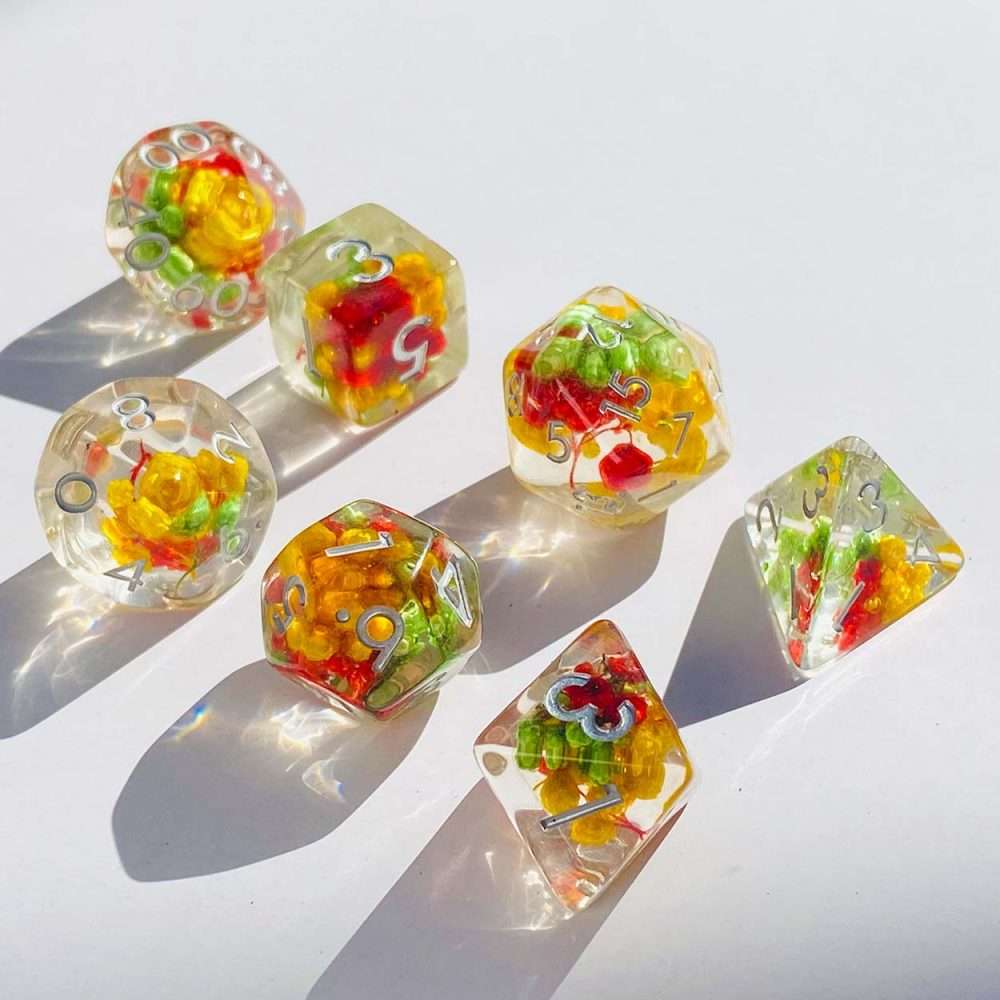 Sage's Cantrips - Transparent Red/Yellow/Green Flowers Resin Polyhedral Dice Set image 5