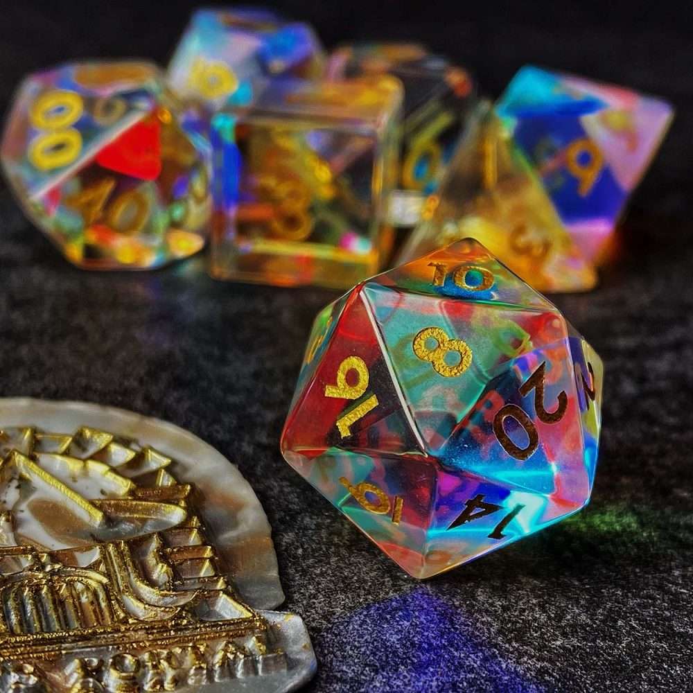 Sage's Treasures - Captured Rainbow Gold Ink Dichroic Glass Polyhedral Dice Set image 2