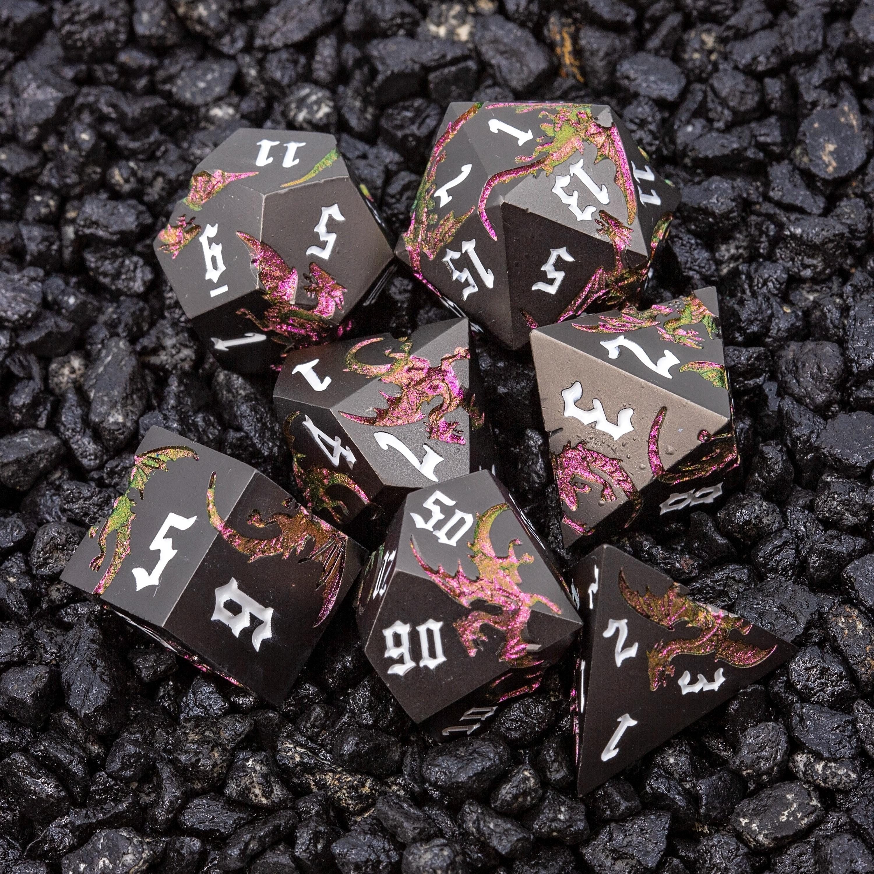 Black & Pink Metal DND Dice Set | Sage’s Dragon Etchings | Rose Gold Engraved Dragons Polyhedral Dice