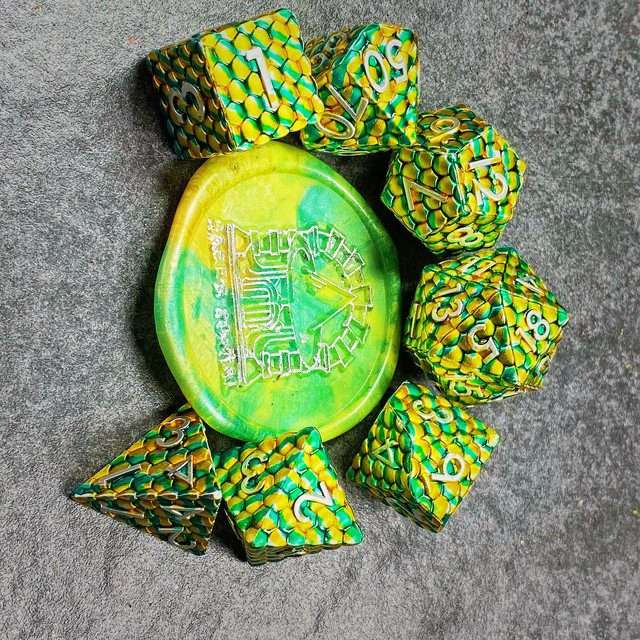 Sage's Dragonstones - Scaled Eggs Green/Yellow Metal Polyhedral Dice image 14