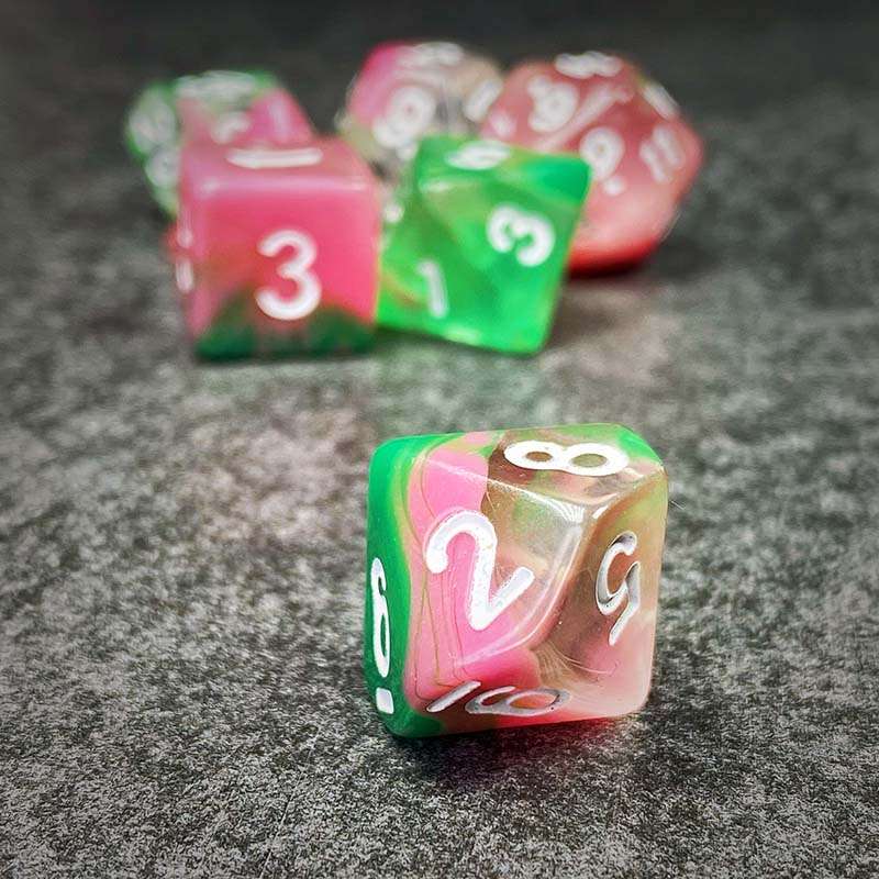 Sage's Capsules - Half Transparent Pink/Green Acrylic Polyhedral Dice Set image 4