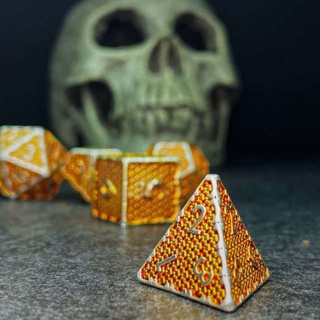 Sage's Hounds - Vintage Yellow with Silver Metal Polyhedral Dice Set image 4