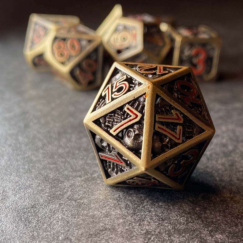 Sage's Grim's Fortunes - Bronze Red Ink Reaper Hollow Metal Polyhedral Dice Set image 1