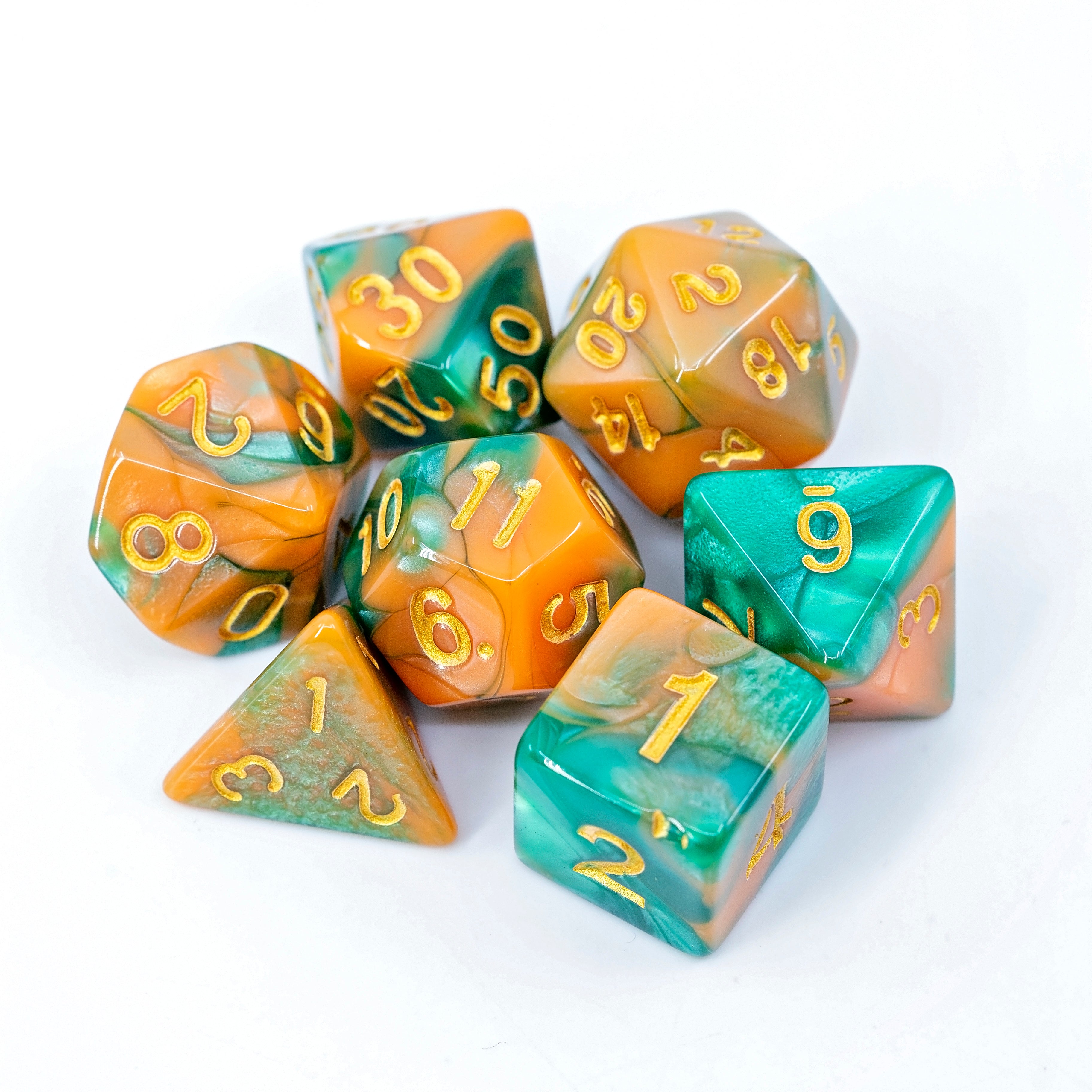 Sage's Stones - Peach/Green with Gold Ink Acrylic Polyhedral Dice Set