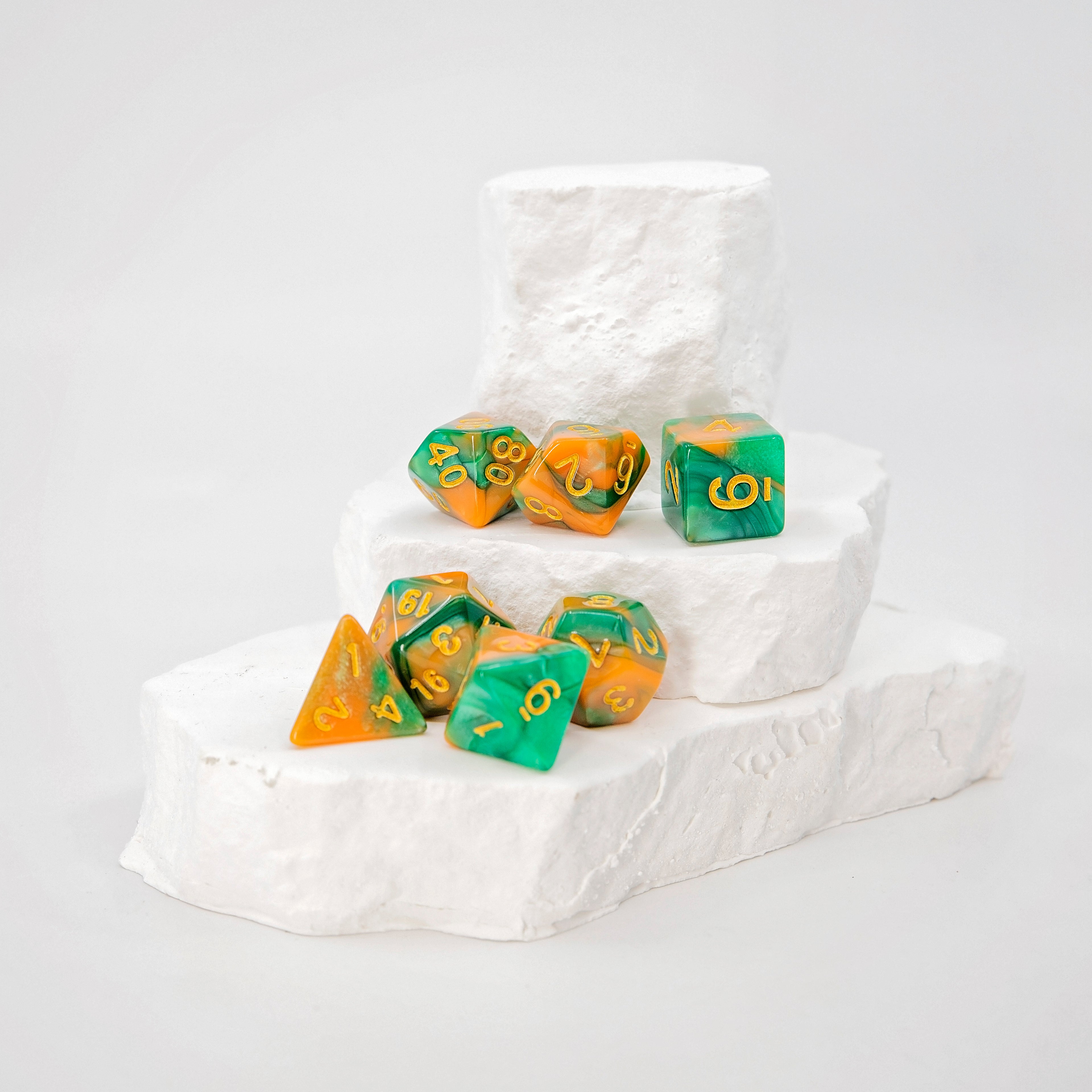 Sage's Stones - Peach/Green with Gold Ink Acrylic Polyhedral Dice Set
