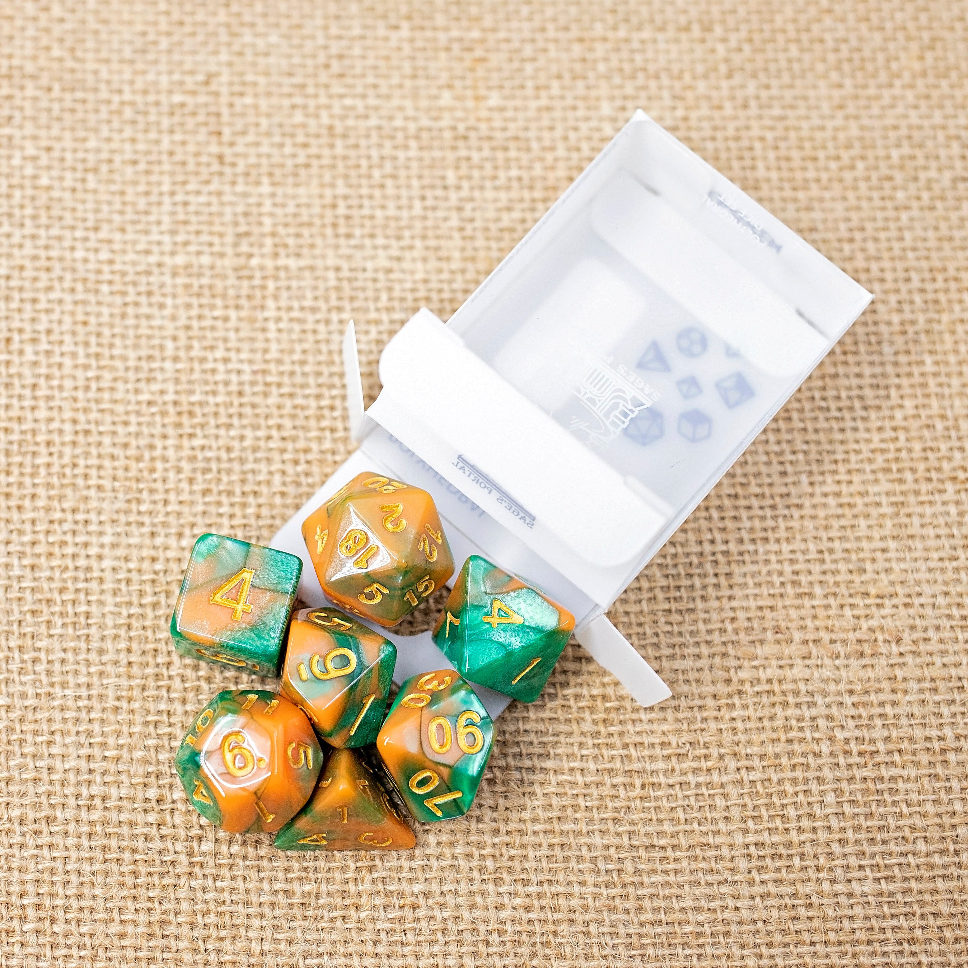 Sage's Stones - Peach/Green with Gold Ink Acrylic Polyhedral Dice Set