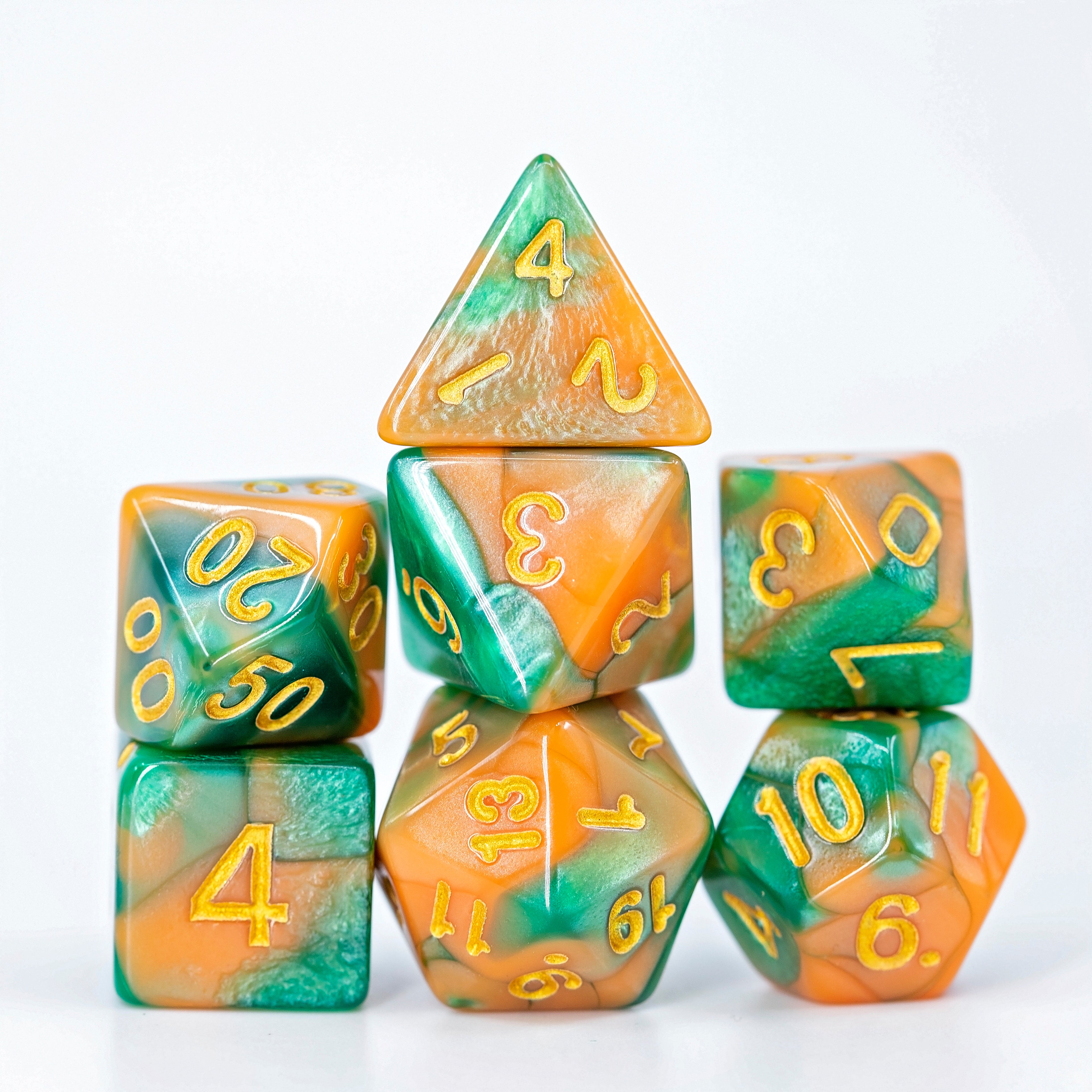 Sage's Stones - Peach/Green with Gold Ink Acrylic Polyhedral Dice Set