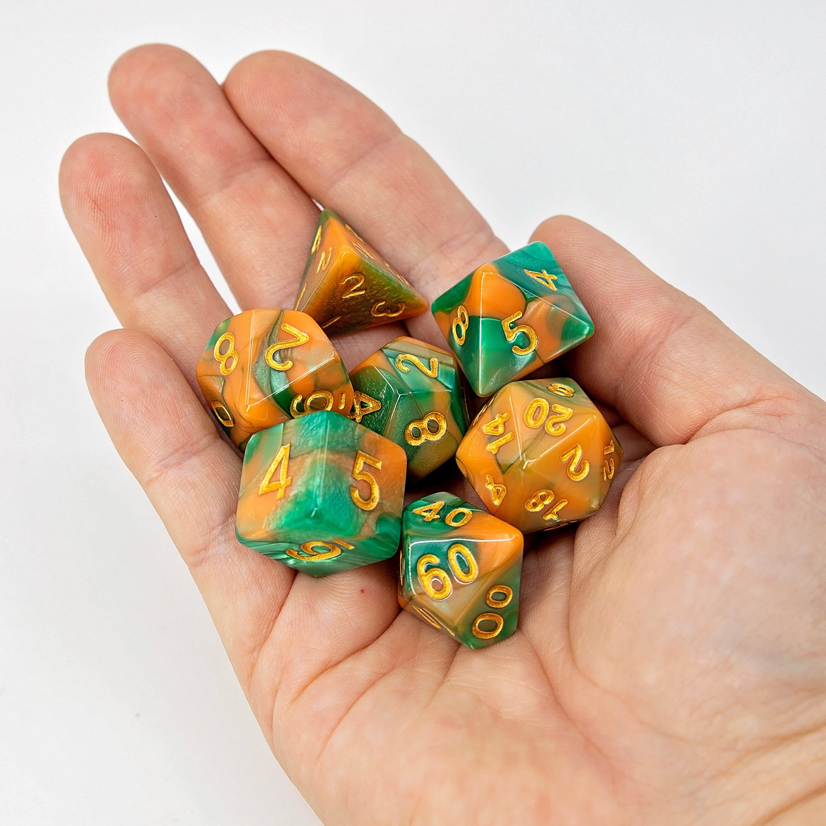 Sage's Stones - Peach/Green with Gold Ink Acrylic Polyhedral Dice Set