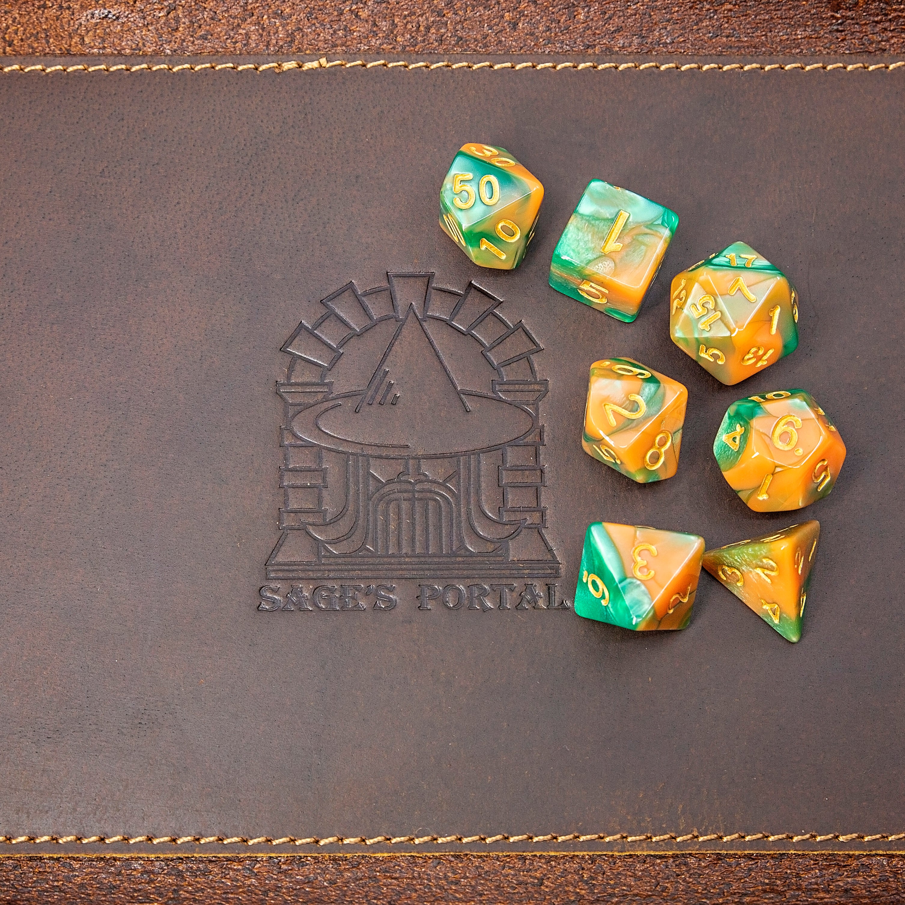 Sage's Stones - Peach/Green with Gold Ink Acrylic Polyhedral Dice Set