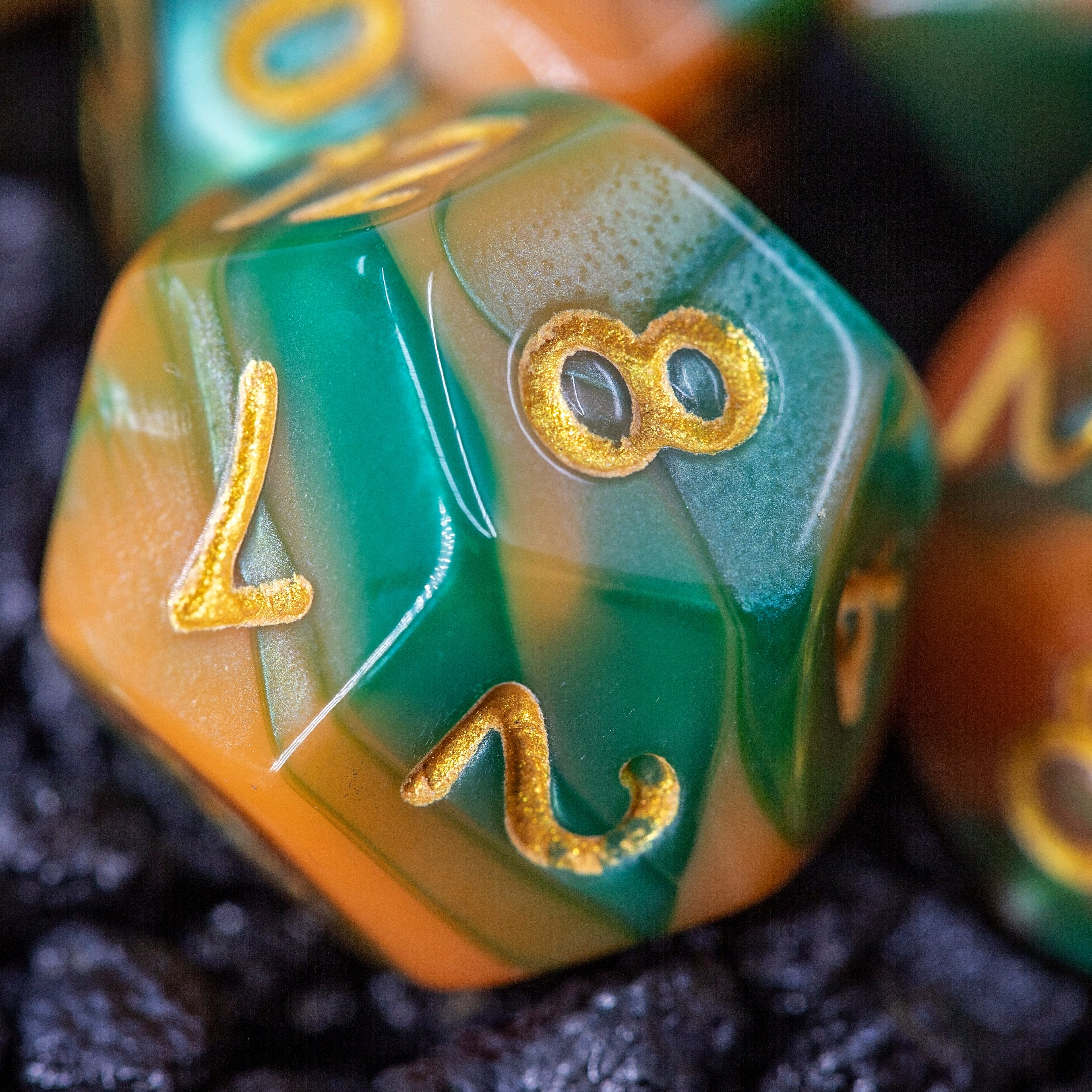 Sage's Stones - Peach/Green with Gold Ink Acrylic Polyhedral Dice Set
