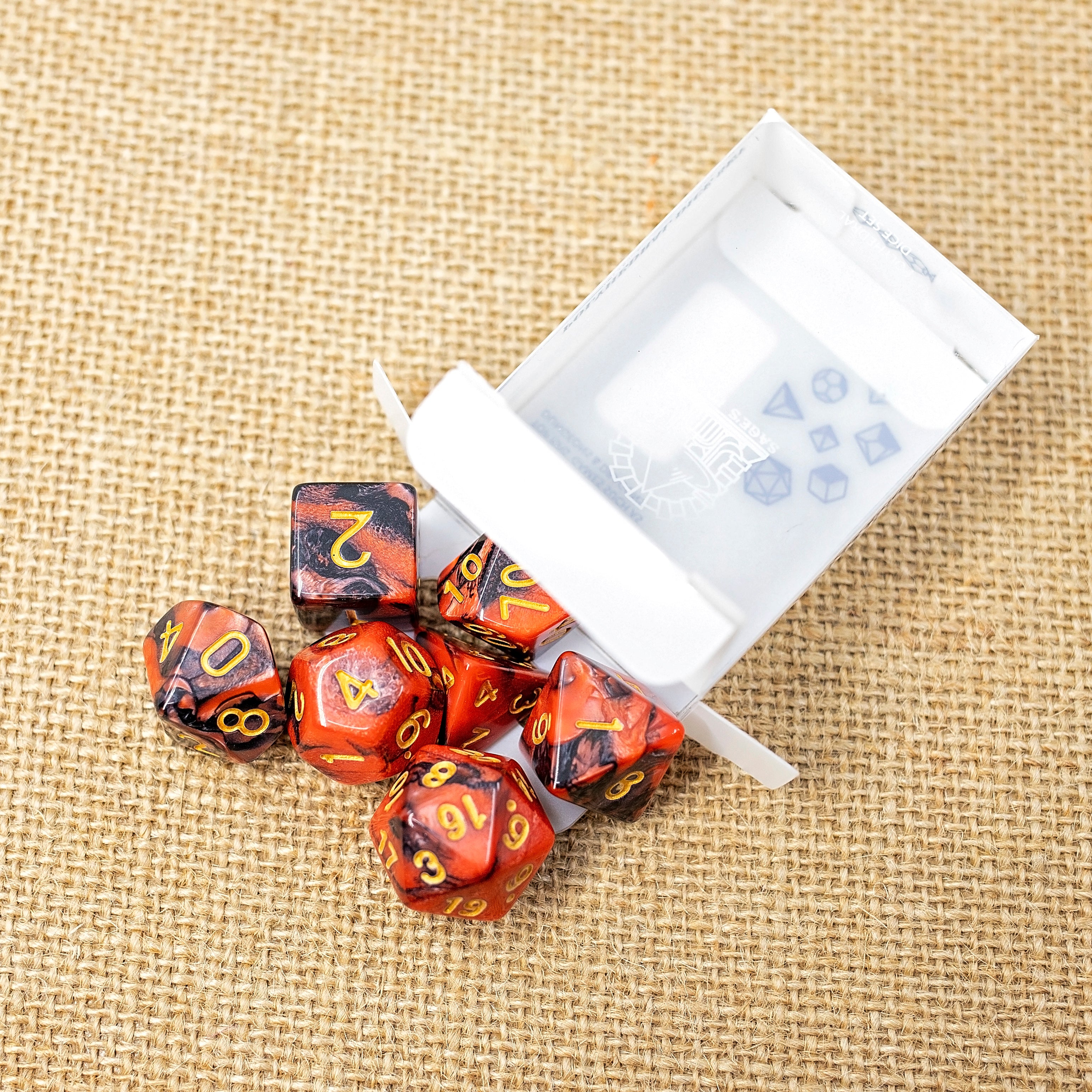 Sage's Stones - Red/Black with Gold Ink Acrylic Polyhedral Dice Set