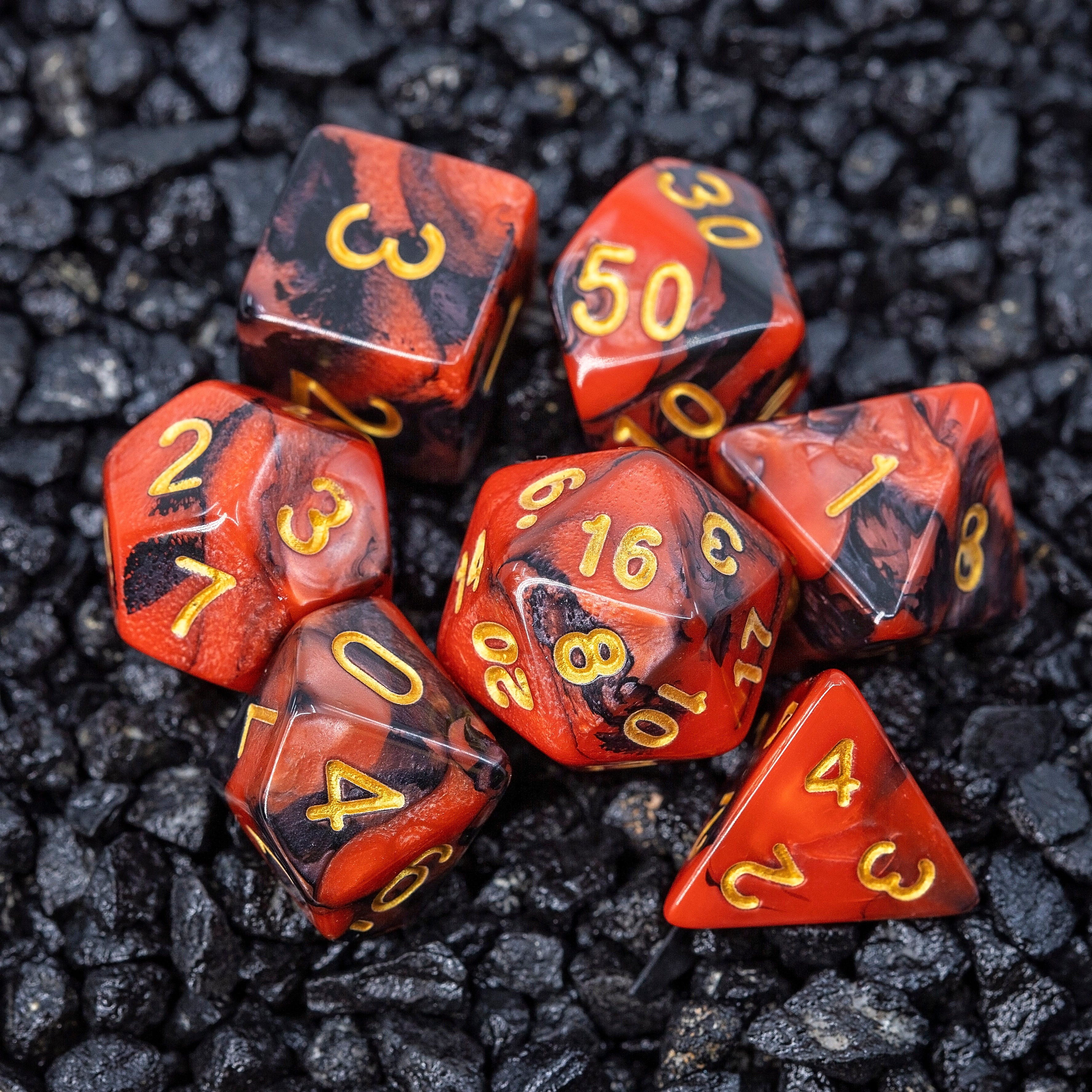 Sage's Stones - Red/Black with Gold Ink Acrylic Polyhedral Dice Set