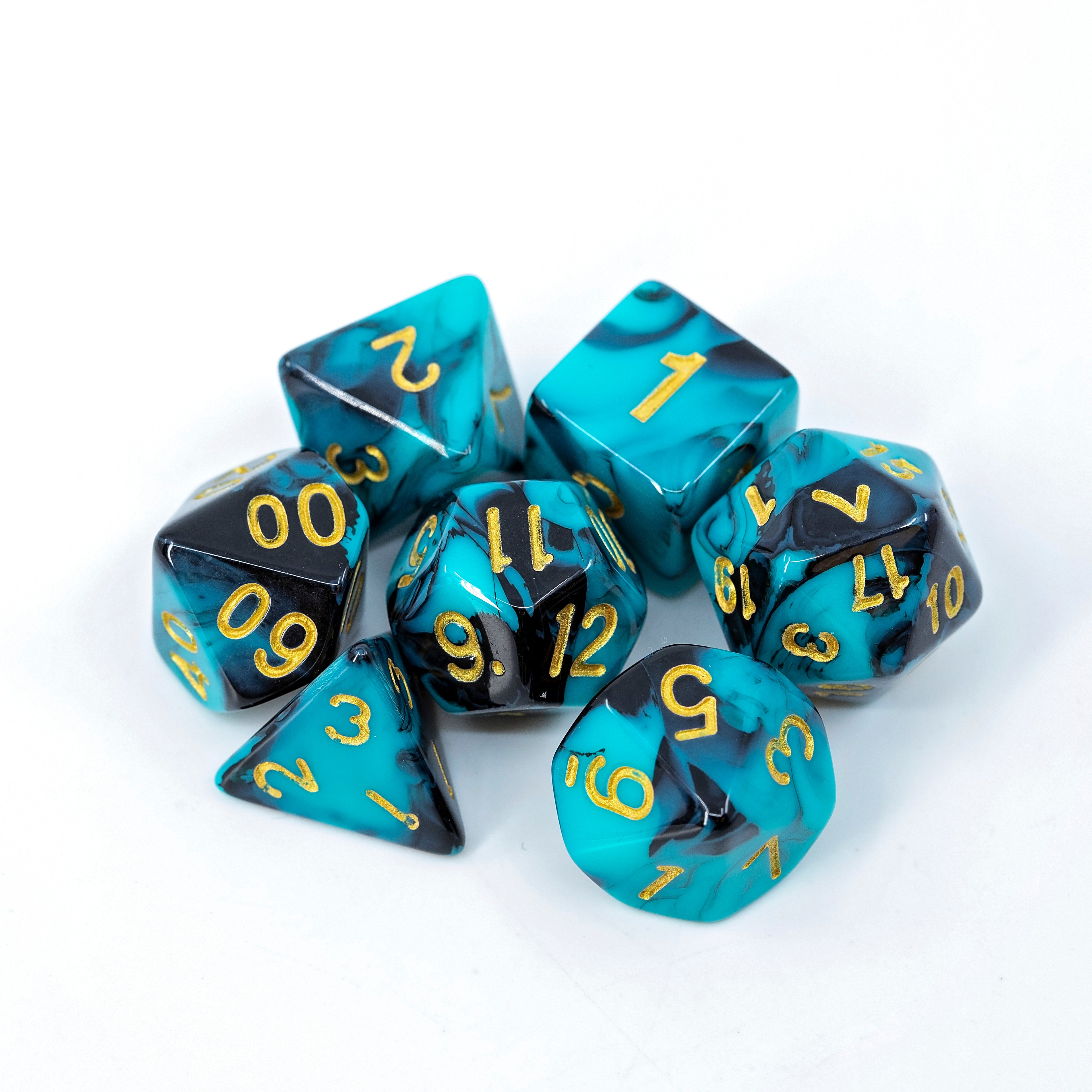 Sage's Stones - Teal/Black with Gold Ink Acrylic Polyhedral Dice Set