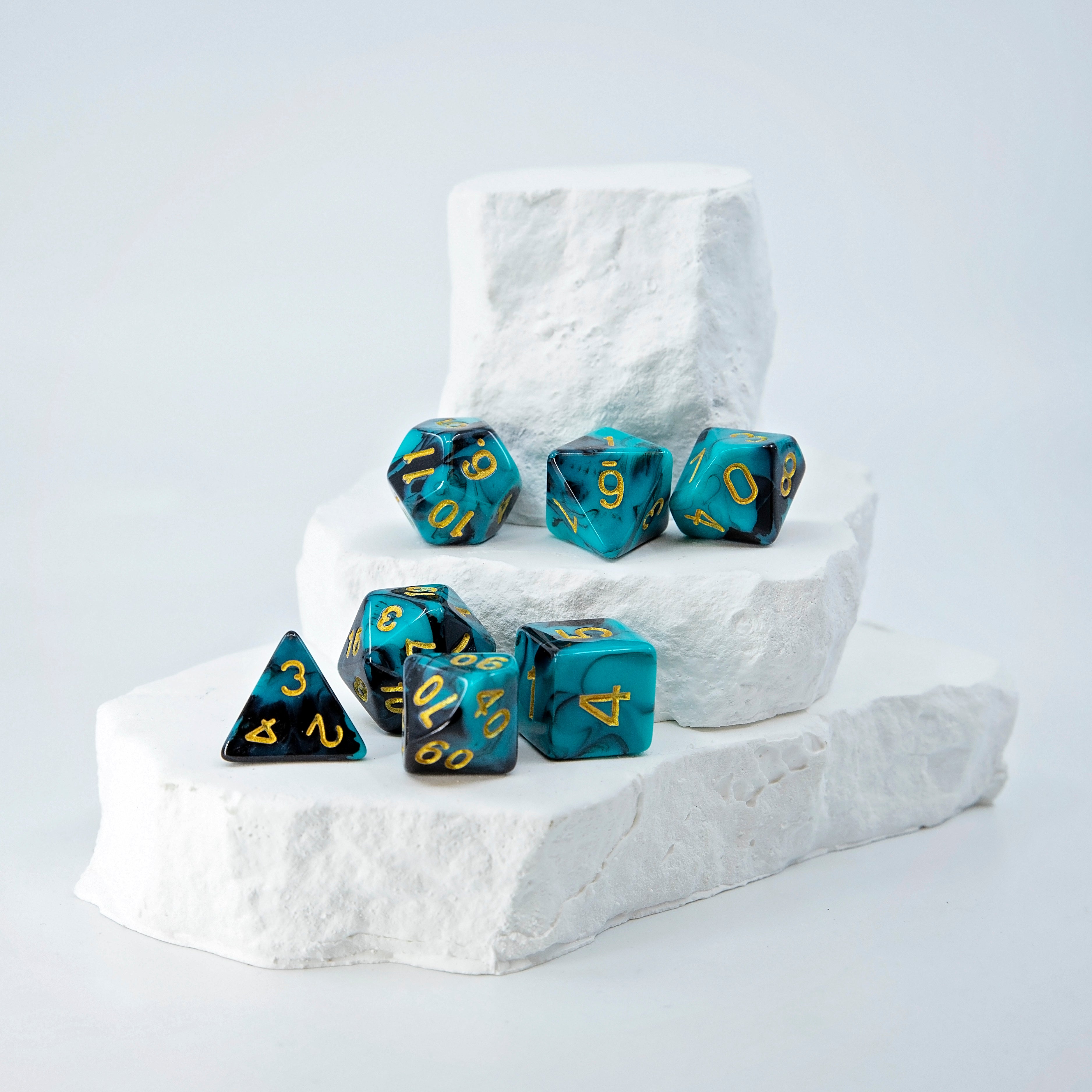 Sage's Stones - Teal/Black with Gold Ink Acrylic Polyhedral Dice Set