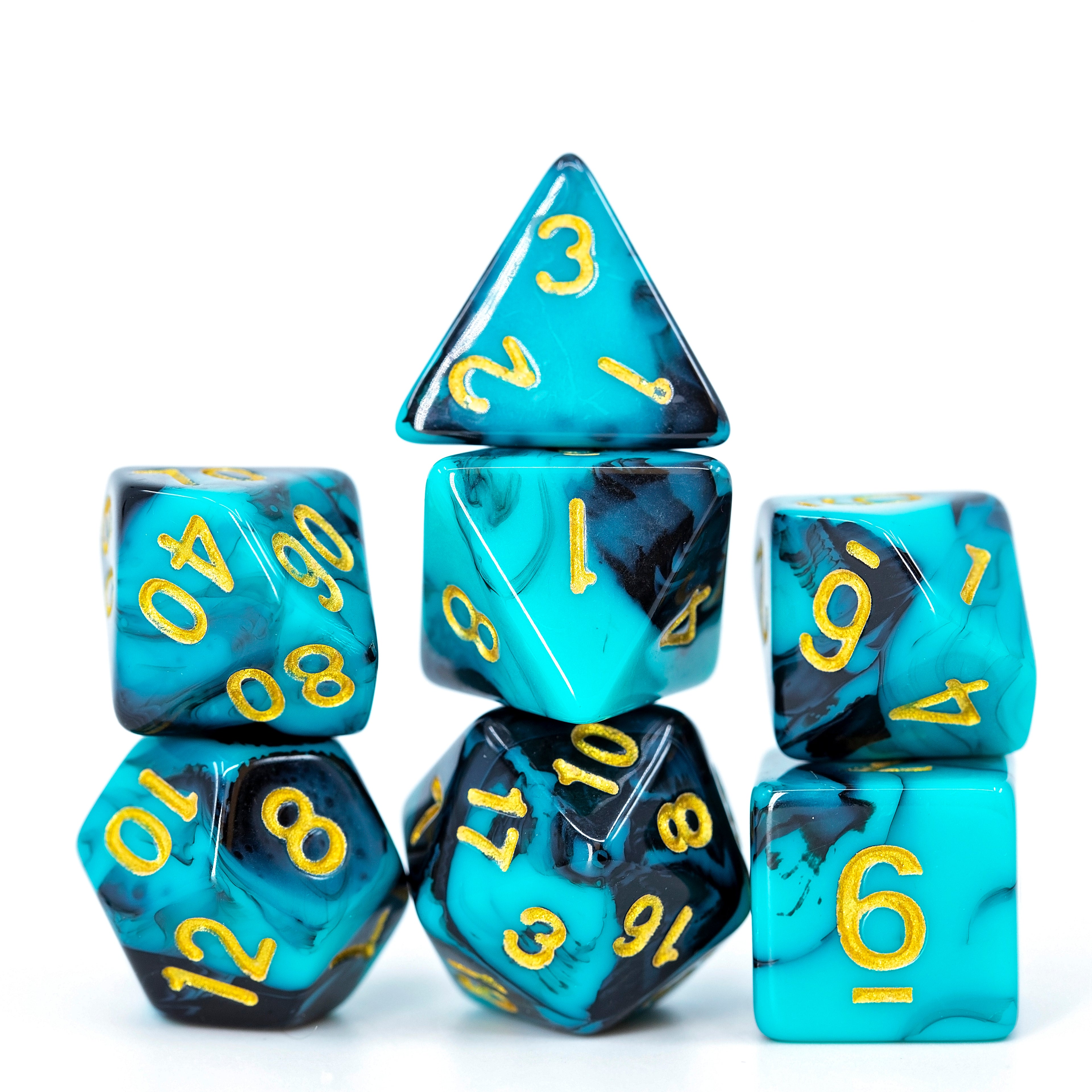 Sage's Stones - Teal/Black with Gold Ink Acrylic Polyhedral Dice Set