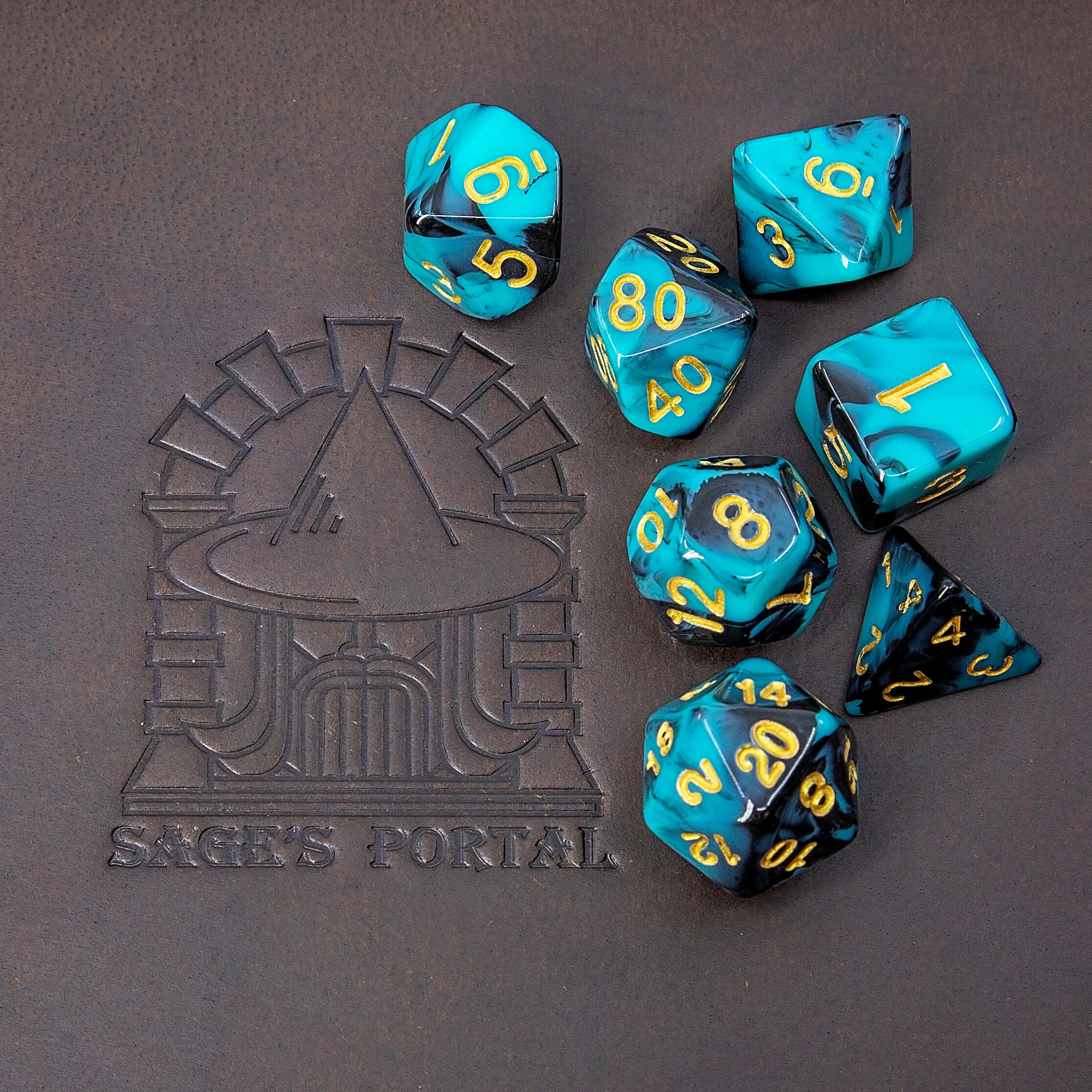 Sage's Stones - Teal/Black with Gold Ink Acrylic Polyhedral Dice Set