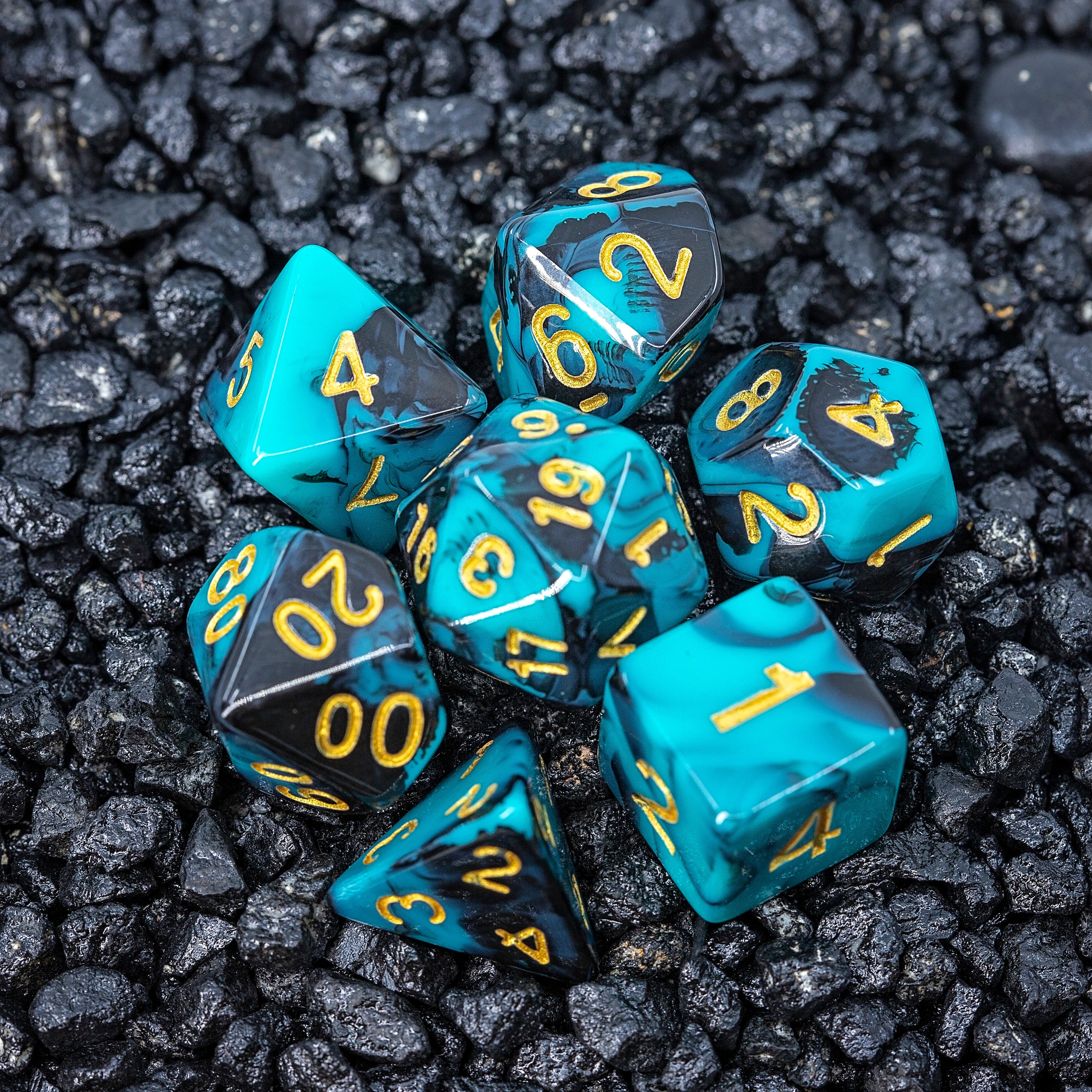 Sage's Stones - Teal/Black with Gold Ink Acrylic Polyhedral Dice Set