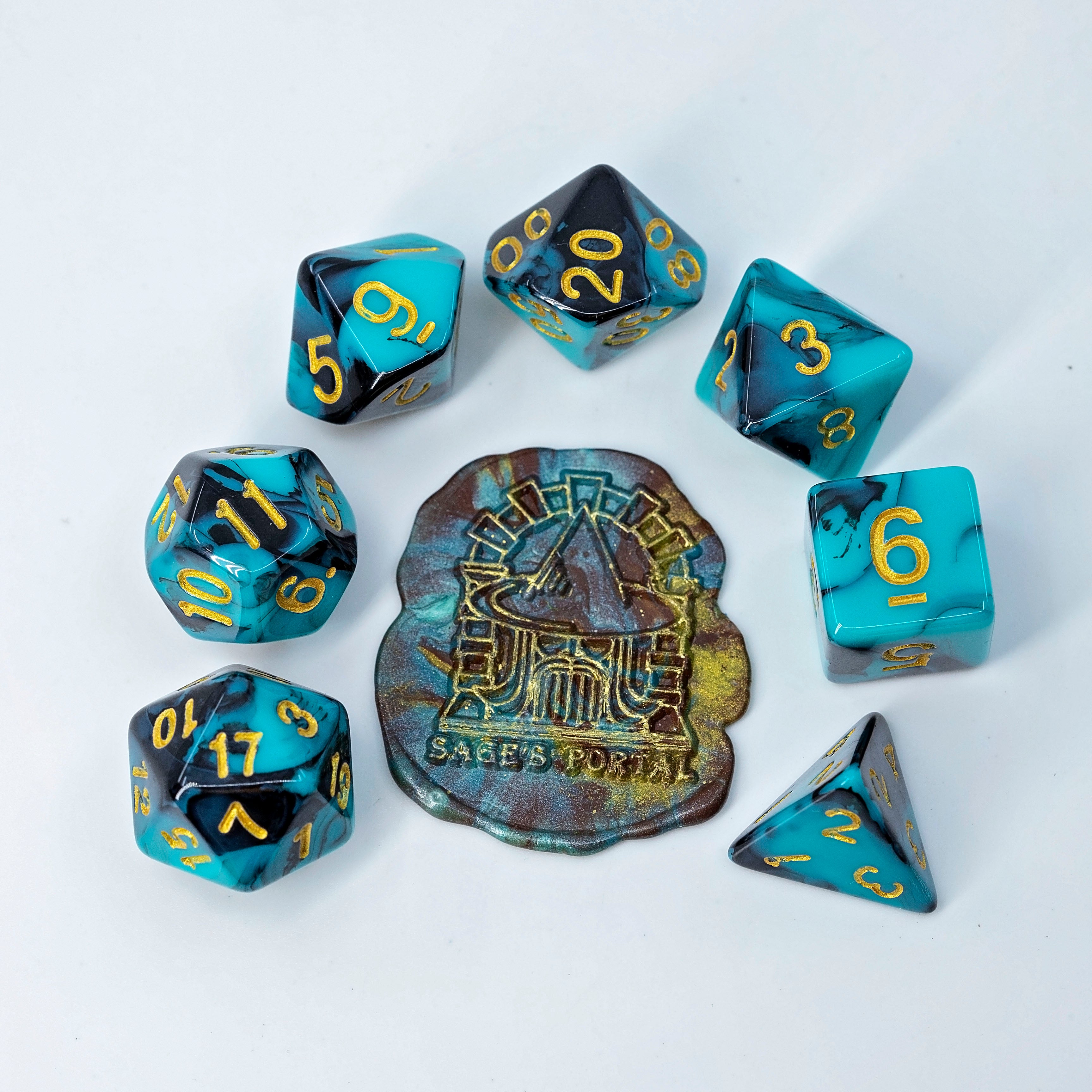 Sage's Stones - Teal/Black with Gold Ink Acrylic Polyhedral Dice Set