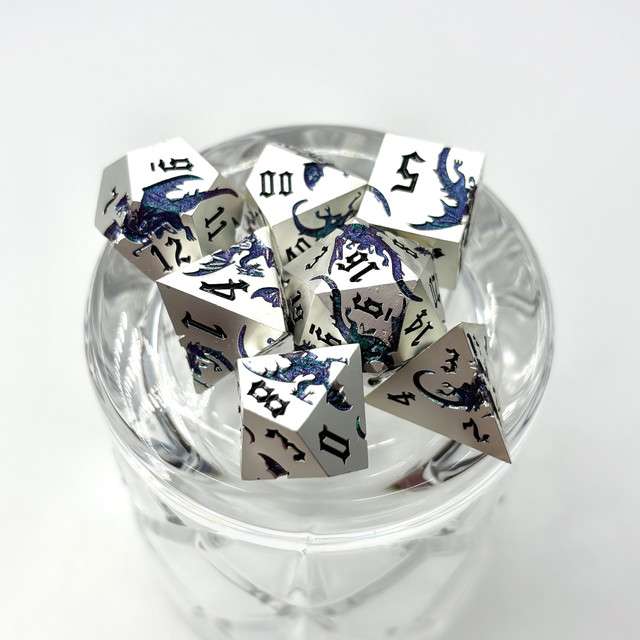 Sage’s Dragon Etchings Silver Teal/Purple Metal Polyhedral Dice Set image 8