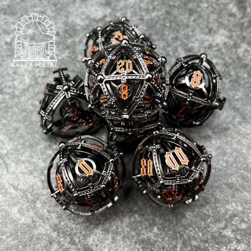 Sage's Caged Centrifuge Hollow Metal Polyhedral Dice Set image 0