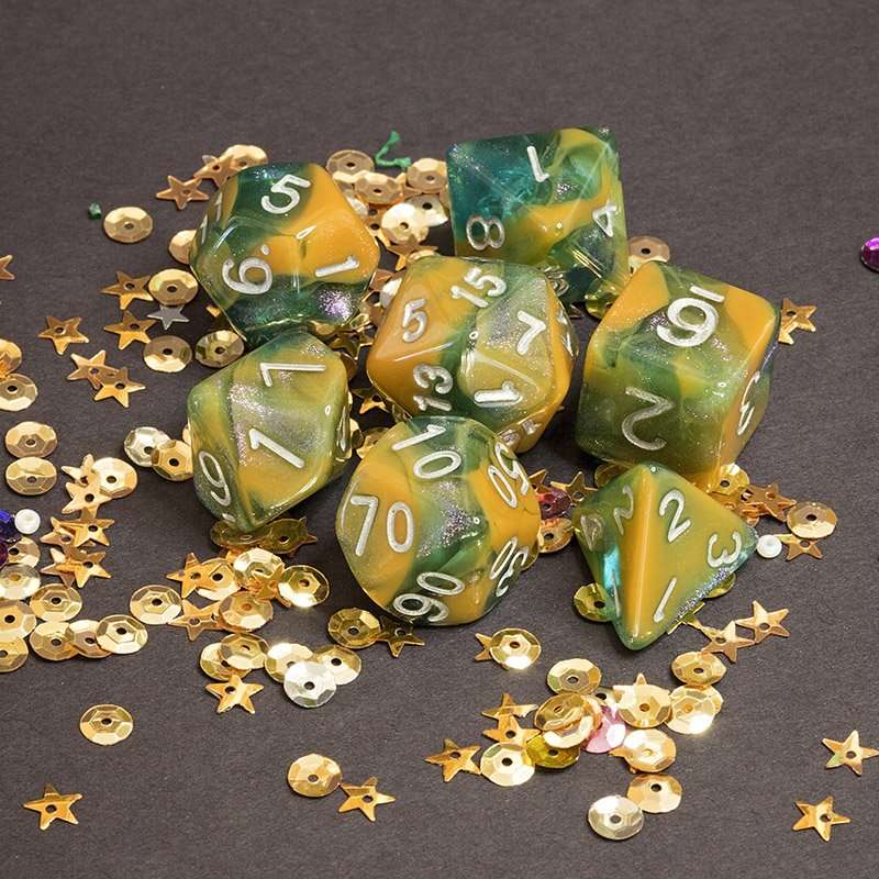 Sage's Shards - Caramel/Green/Turquoise Glitter and Silver Ink Acrylic Polyhedral Dice Set image 12