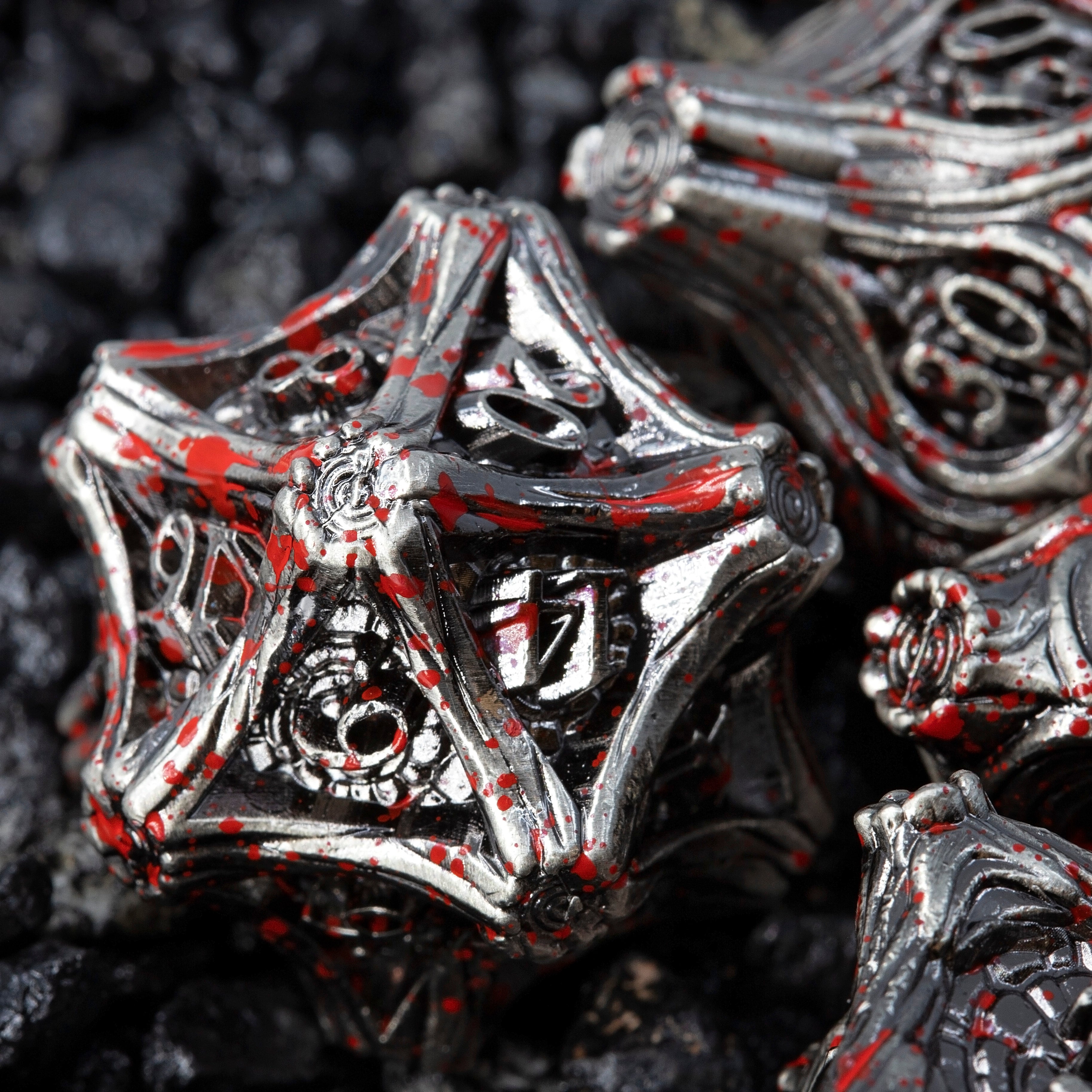 Tree Branch Metal DND Dice Set | Sage’s Petrified Groves Corpsewood | Nickel & Blood Splatter Wood Themed Druid Dice