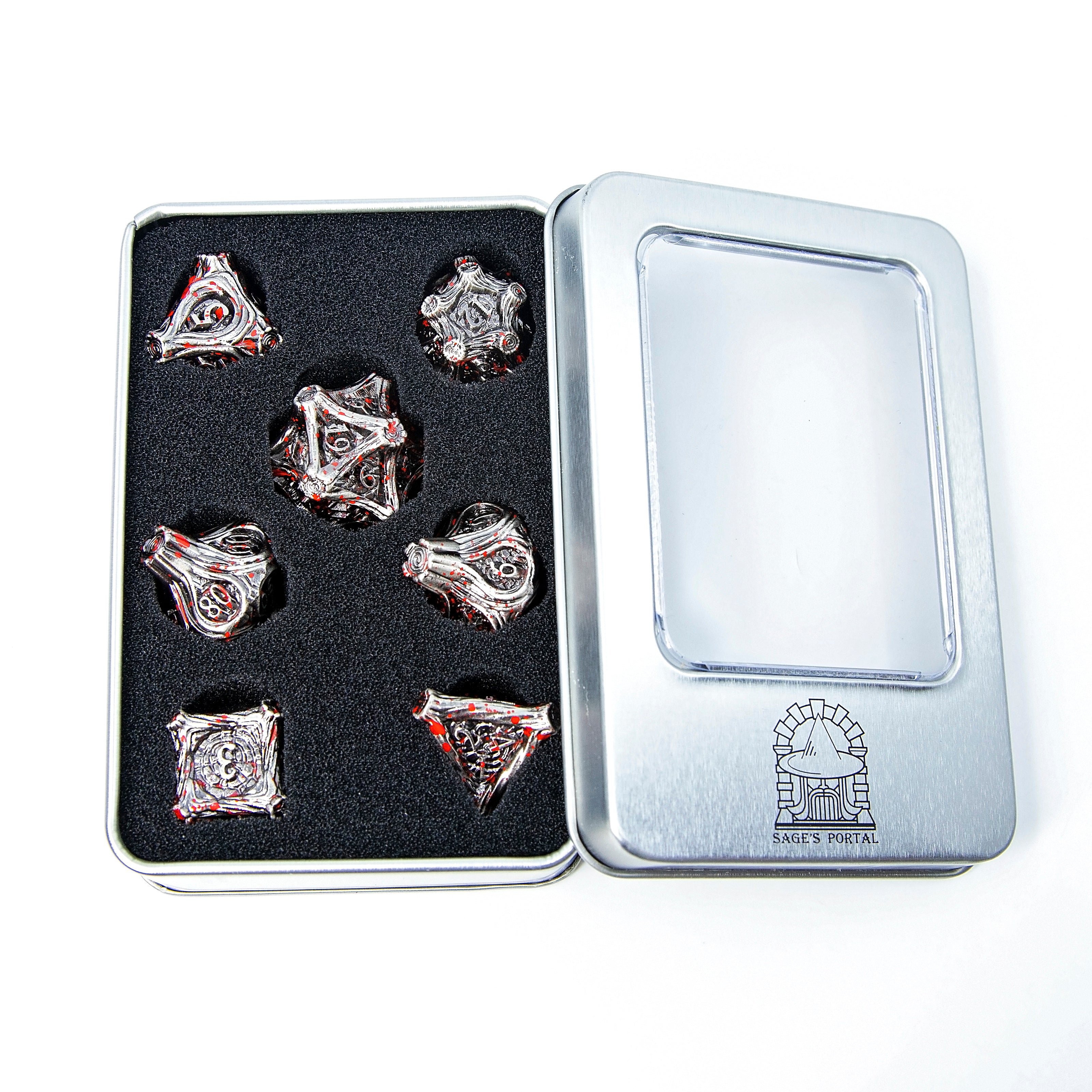 Tree Branch Metal DND Dice Set | Sage’s Petrified Groves Corpsewood | Nickel & Blood Splatter Wood Themed Druid Dice