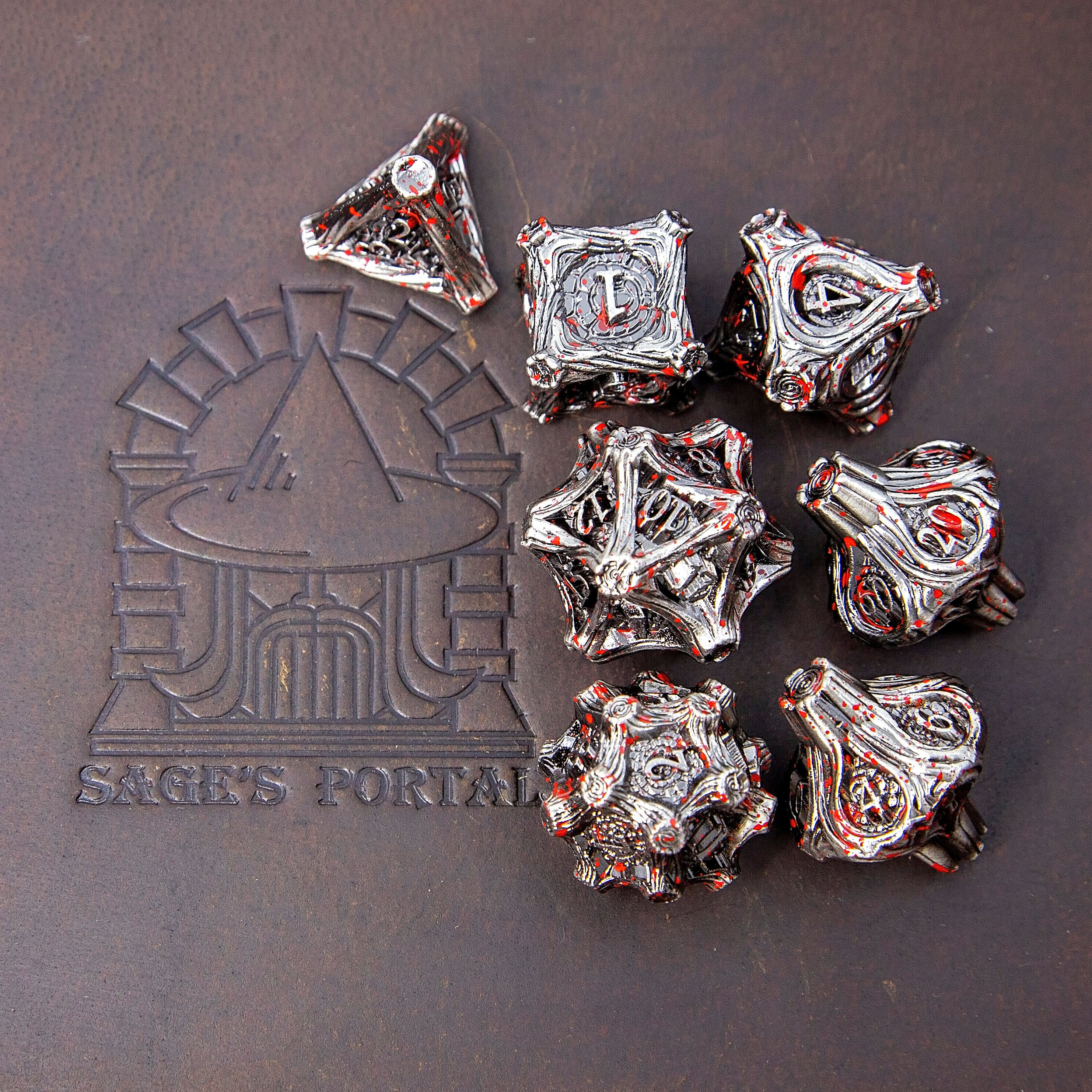 Tree Branch Metal DND Dice Set | Sage’s Petrified Groves Corpsewood | Nickel & Blood Splatter Wood Themed Druid Dice