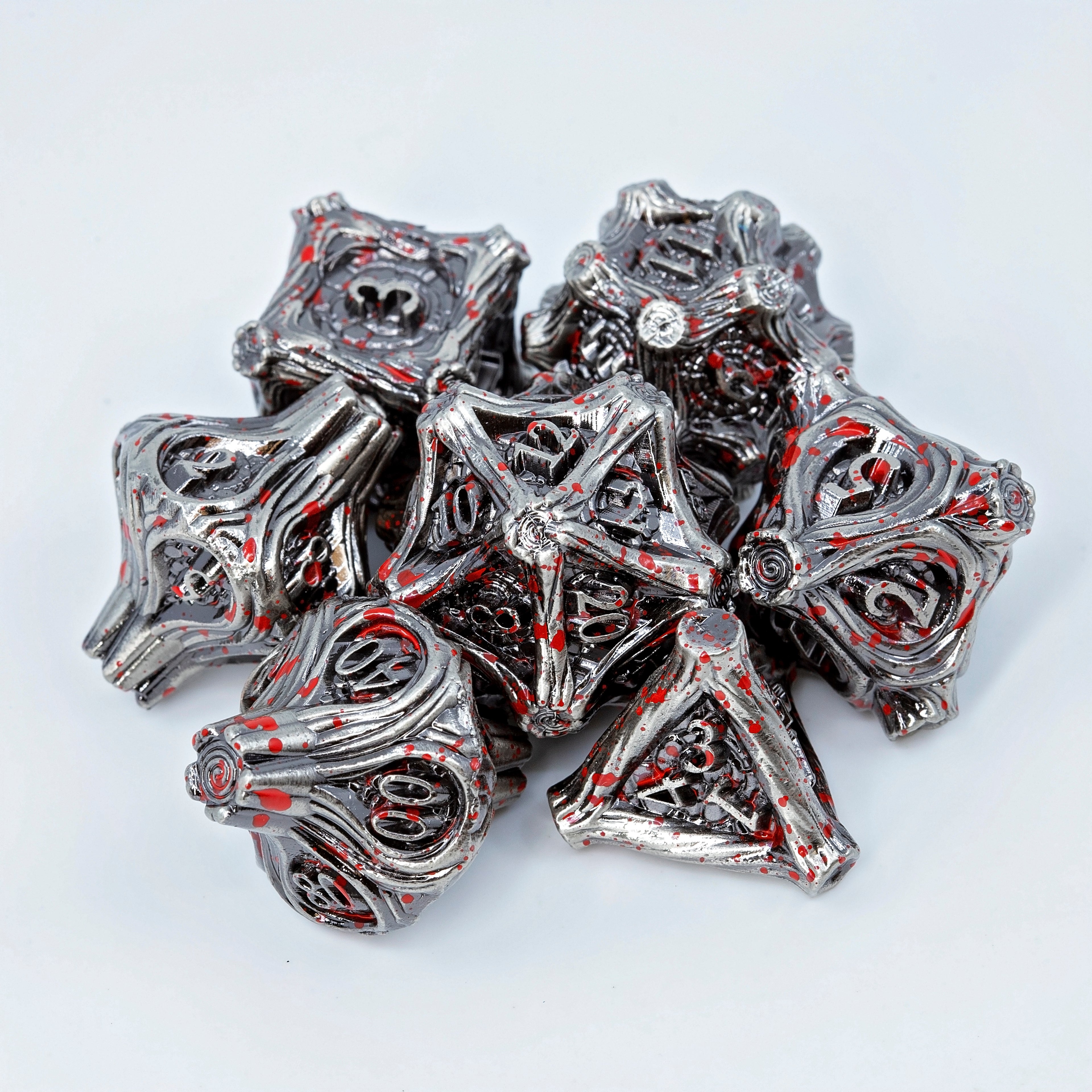 Tree Branch Metal DND Dice Set | Sage’s Petrified Groves Corpsewood | Nickel & Blood Splatter Wood Themed Druid Dice