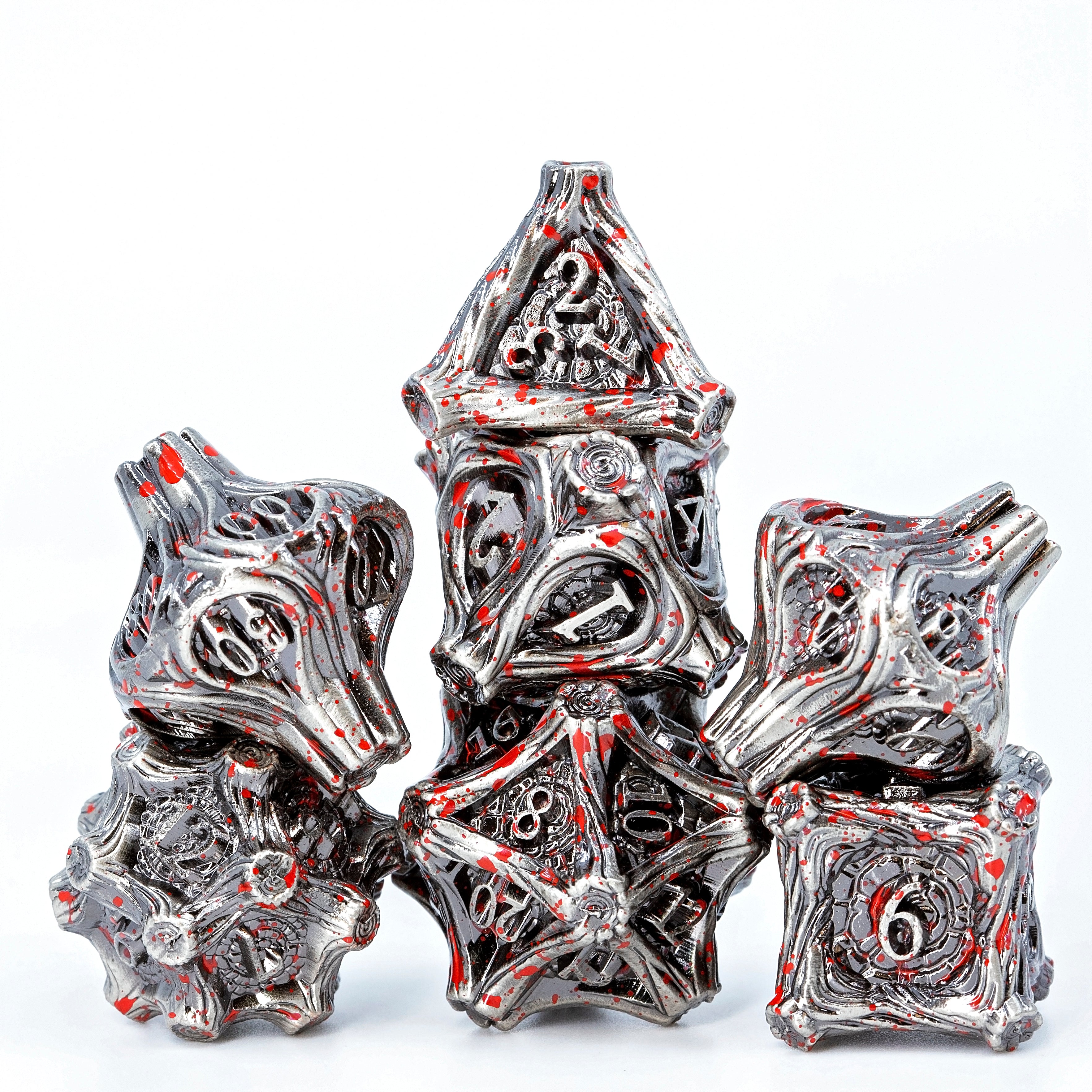 Tree Branch Metal DND Dice Set | Sage’s Petrified Groves Corpsewood | Nickel & Blood Splatter Wood Themed Druid Dice