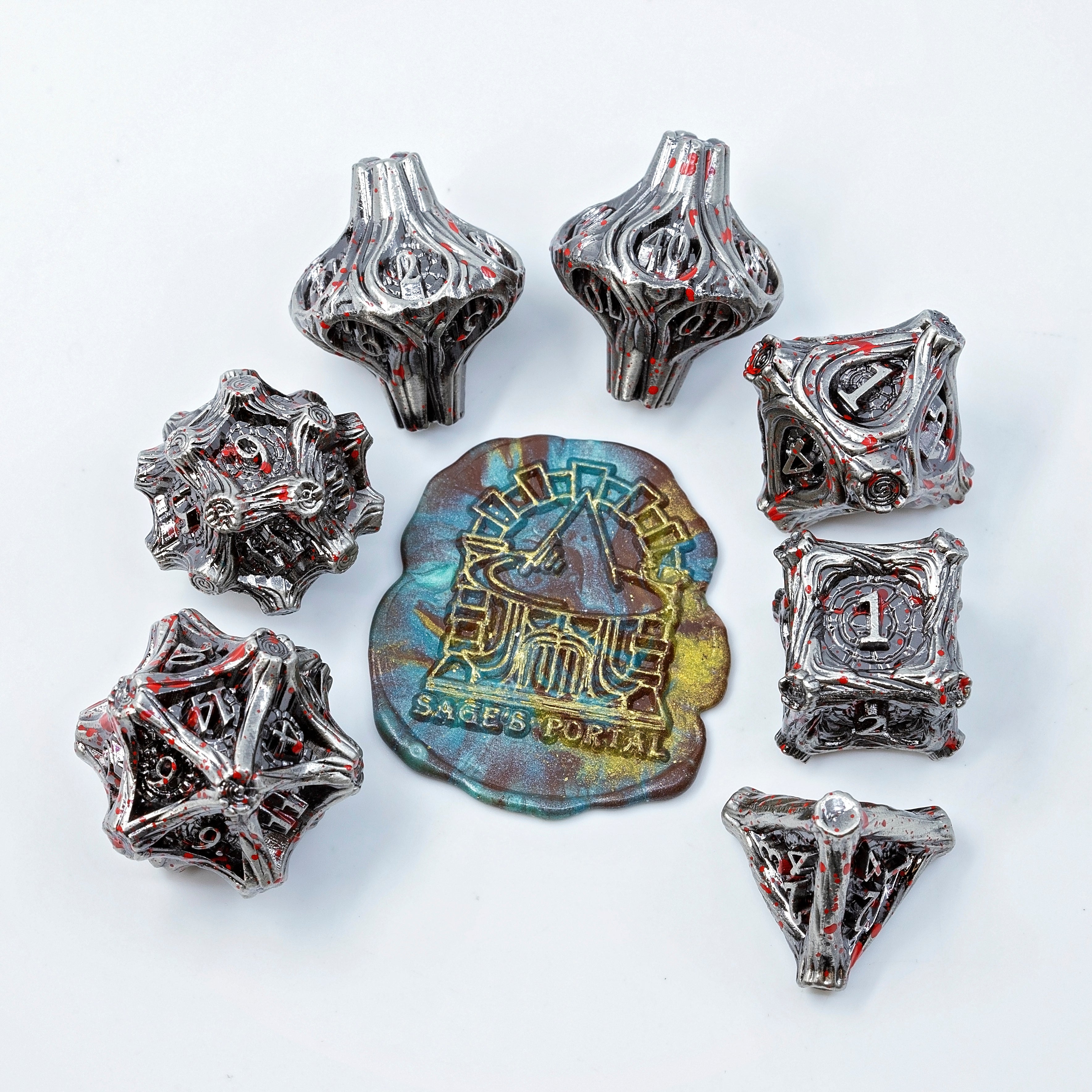 Tree Branch Metal DND Dice Set | Sage’s Petrified Groves Corpsewood | Nickel & Blood Splatter Wood Themed Druid Dice