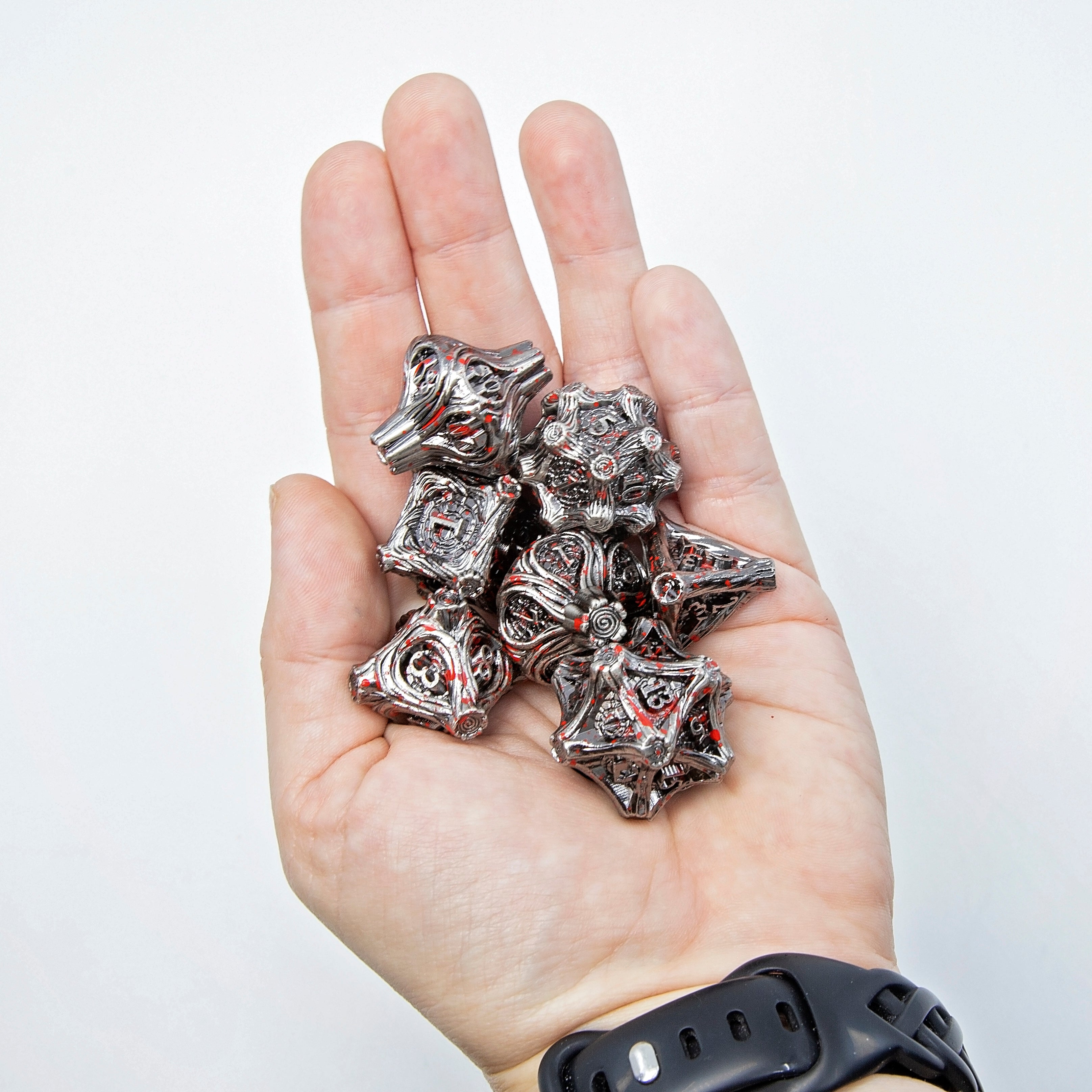 Tree Branch Metal DND Dice Set | Sage’s Petrified Groves Corpsewood | Nickel & Blood Splatter Wood Themed Druid Dice