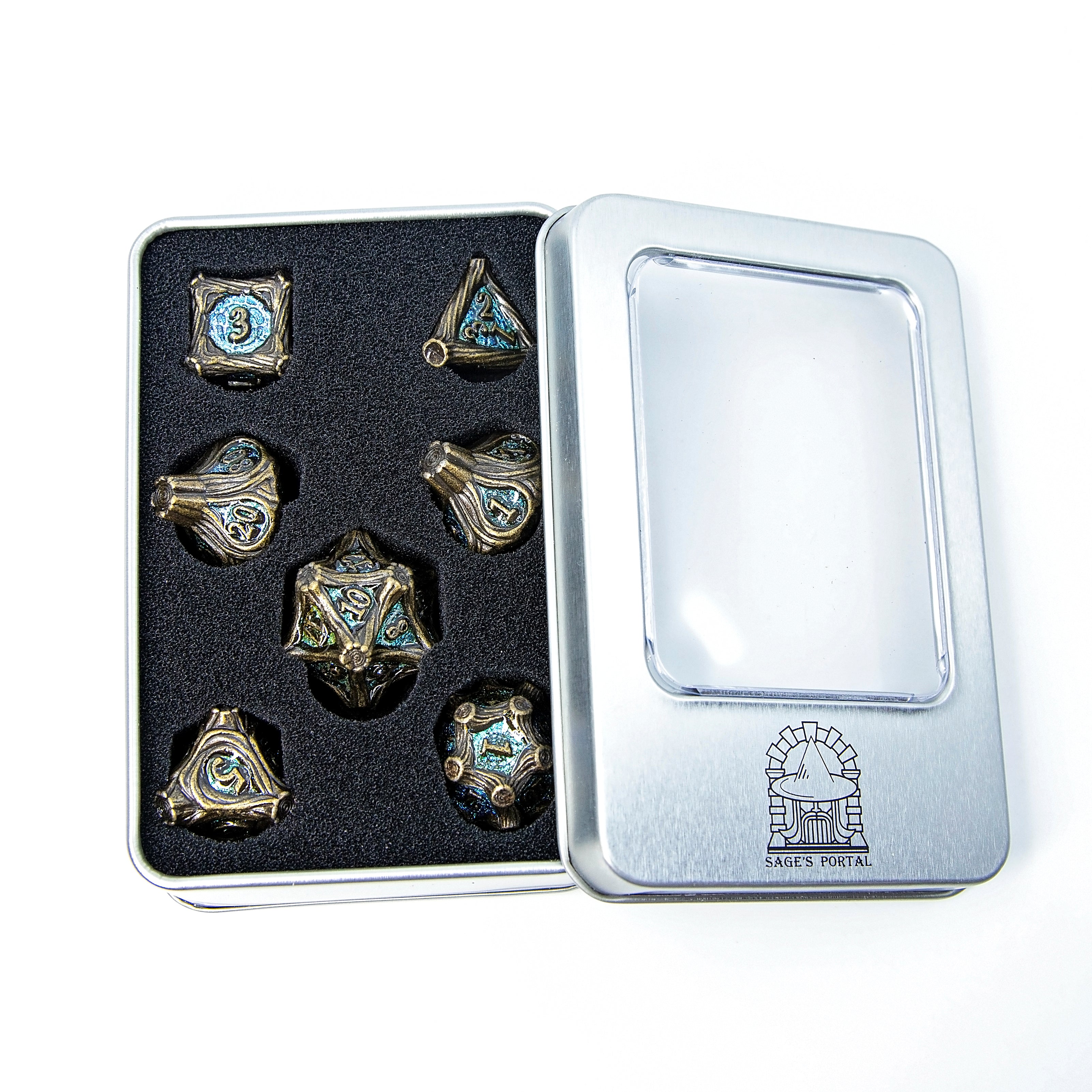 Tree Branch Metal DND Dice Set | Sage’s Petrified Groves Brinewood | Antique Gold & Aqua Themed Druid Dice