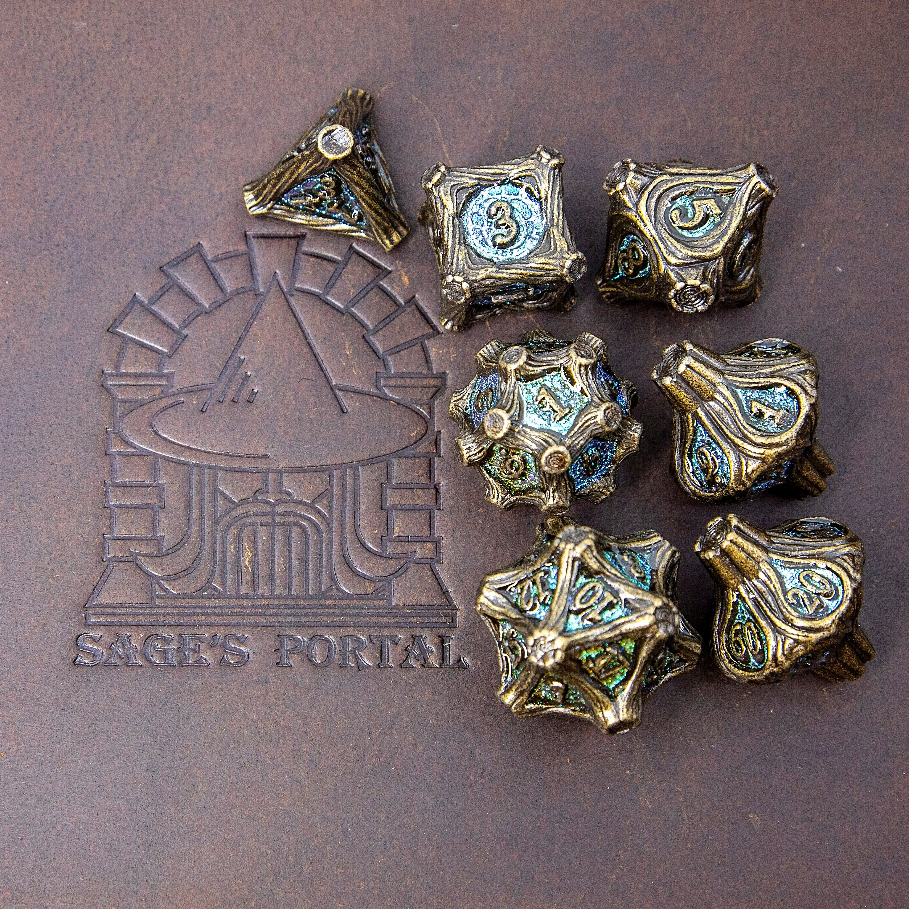 Tree Branch Metal DND Dice Set | Sage’s Petrified Groves Brinewood | Antique Gold & Aqua Themed Druid Dice